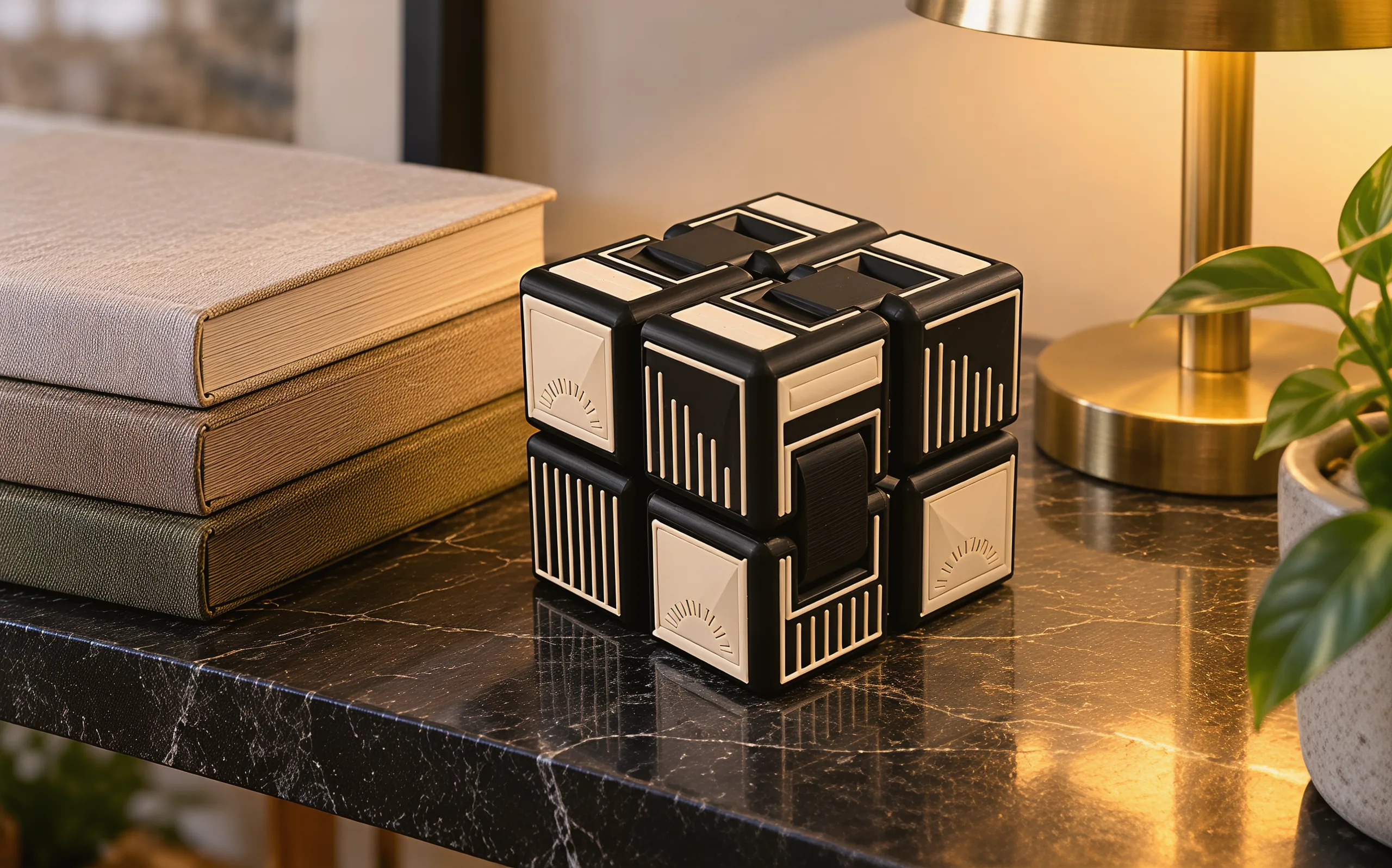 The cube folded with its ivory panels out, standing on a black marble shelf by a stack of cloth-bound books