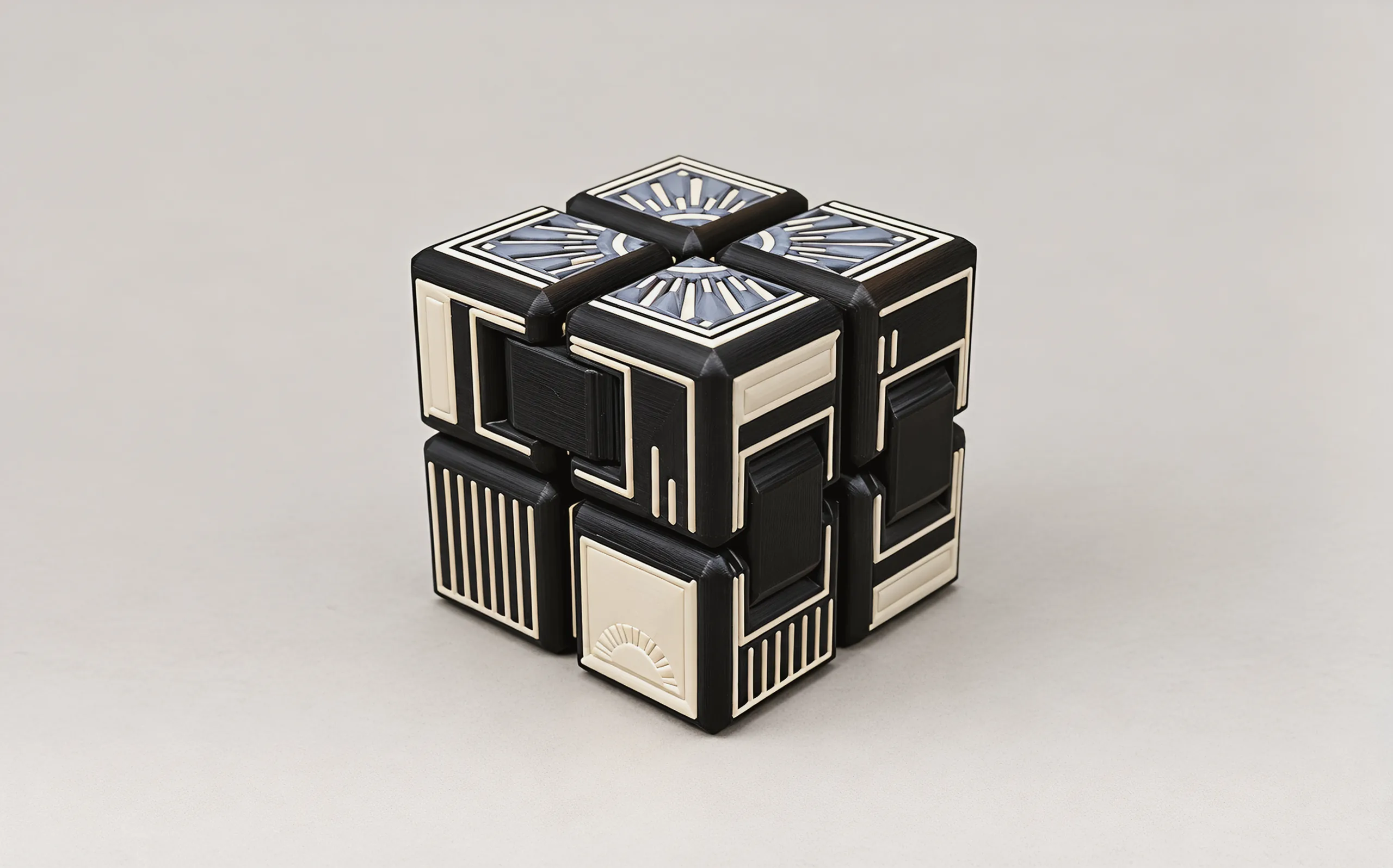The cube folded with the sunburst on top: four tiles of ivory rays meeting at the centre, frames and stripes down the sides