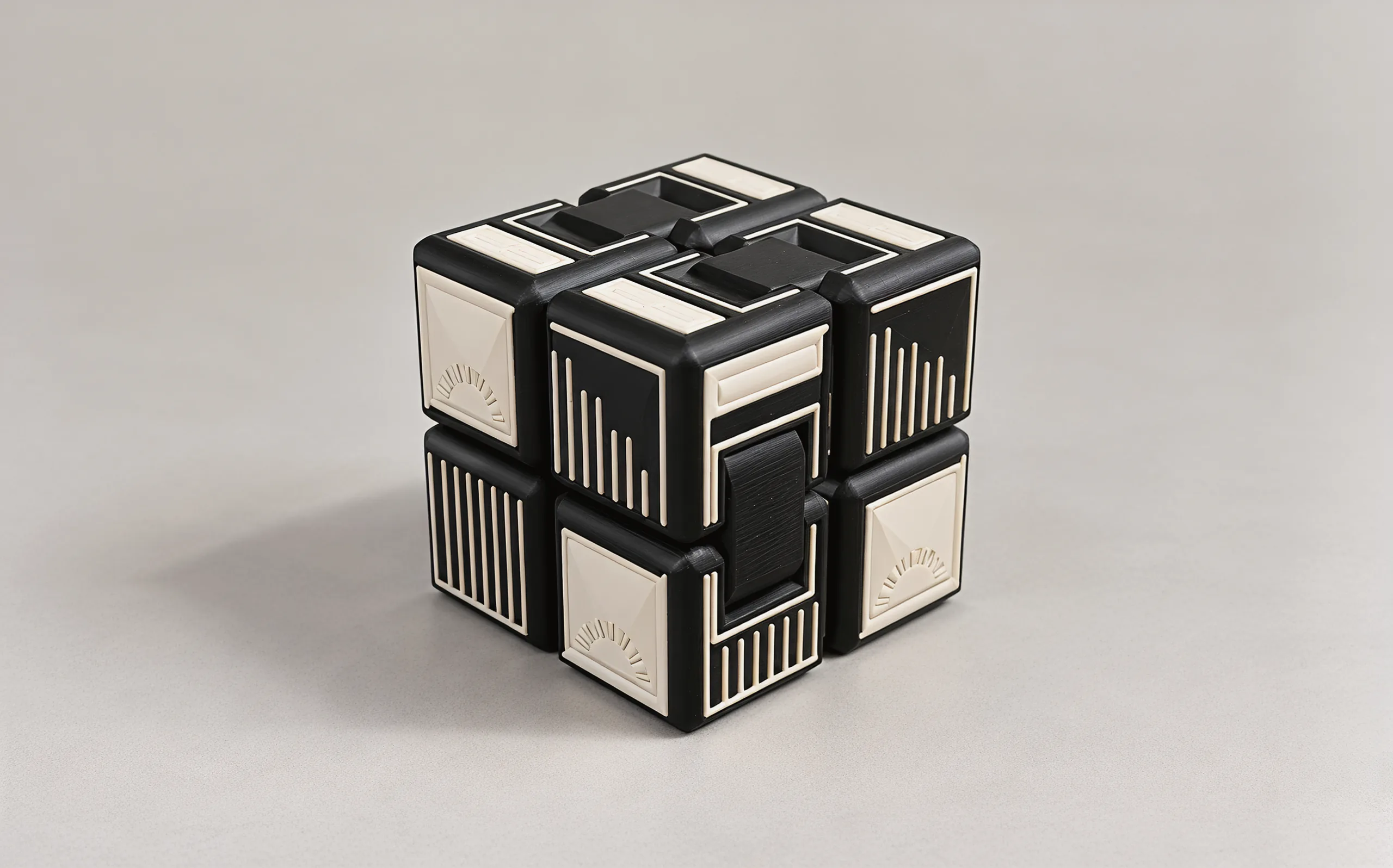 The same cube folded the other way: ivory panels with small fans, vertical stripes and stepped lines on black