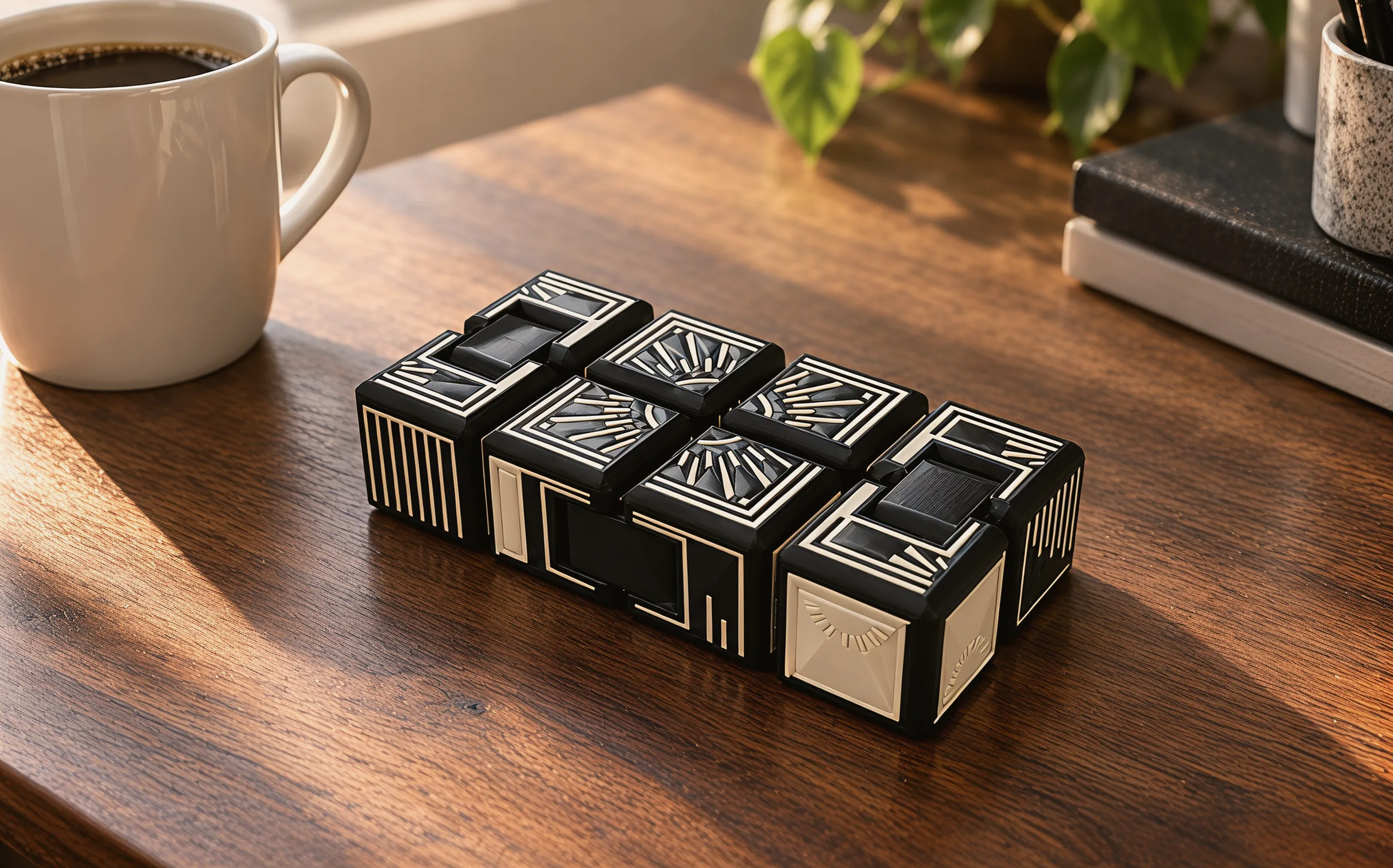 The cube opened flat on a walnut desk beside a white coffee mug: eight black cubes in two rows of four, ivory rays and frames on their faces