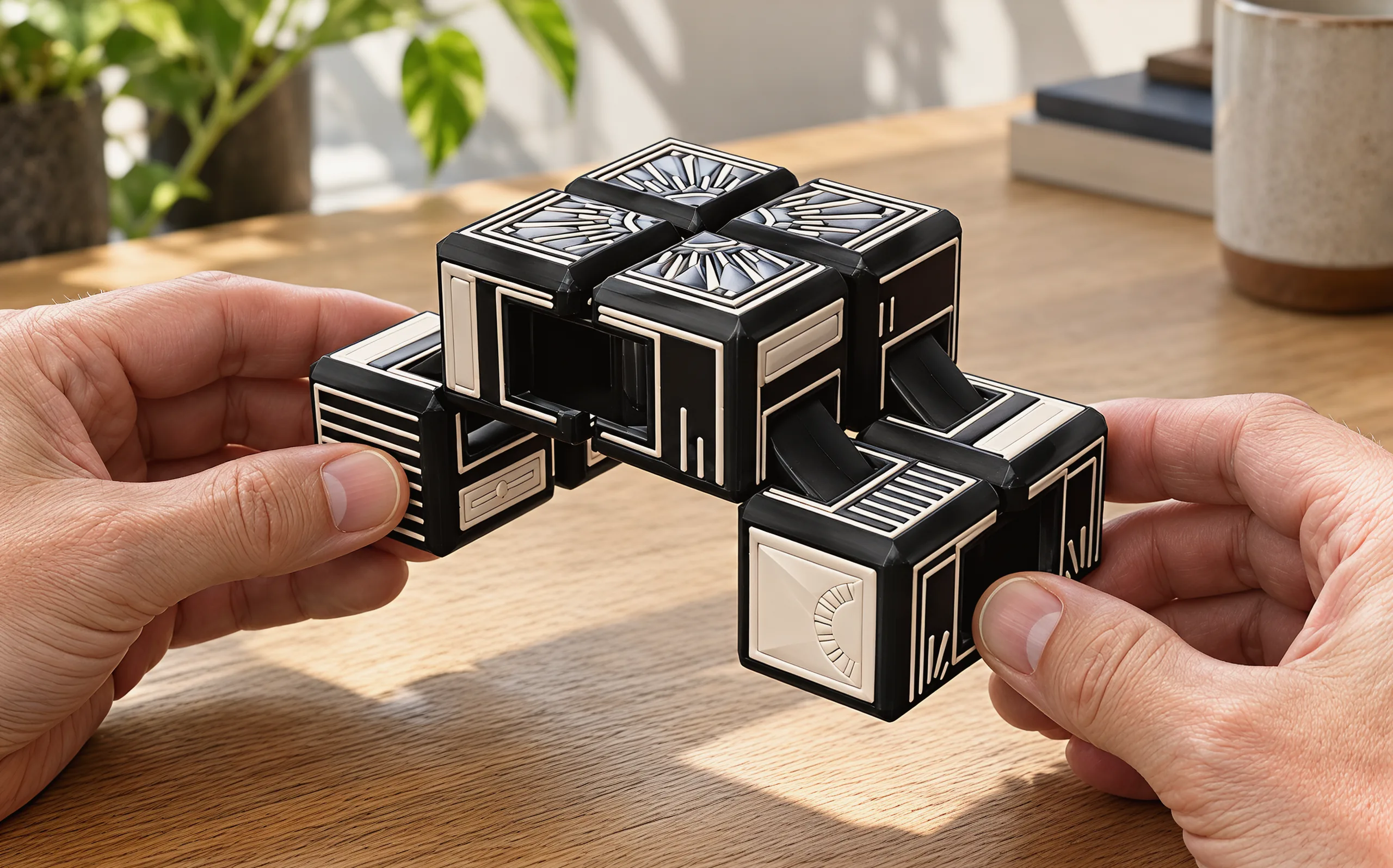 Two hands holding the cube halfway through a fold, thumbs on the outer cubes