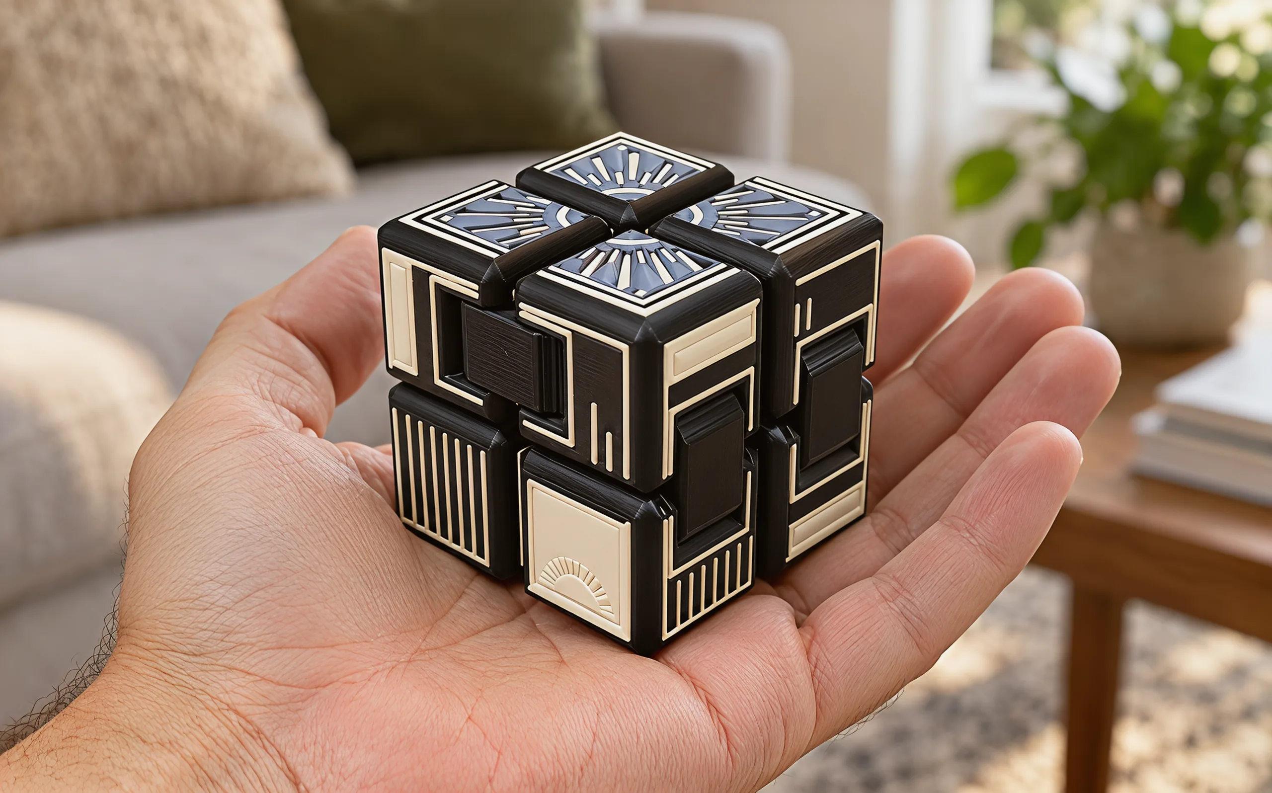 The folded cube resting in an open palm: a black block the size of a walnut, its top a sunburst of ivory rays split across four tiles