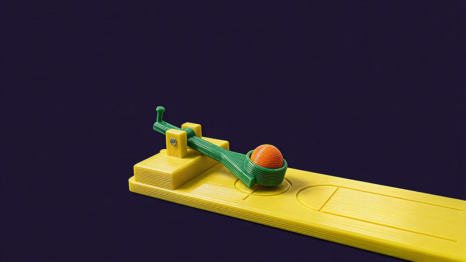 The green lever pressed down so its cup sits near the court, with the orange ball still in the cup.