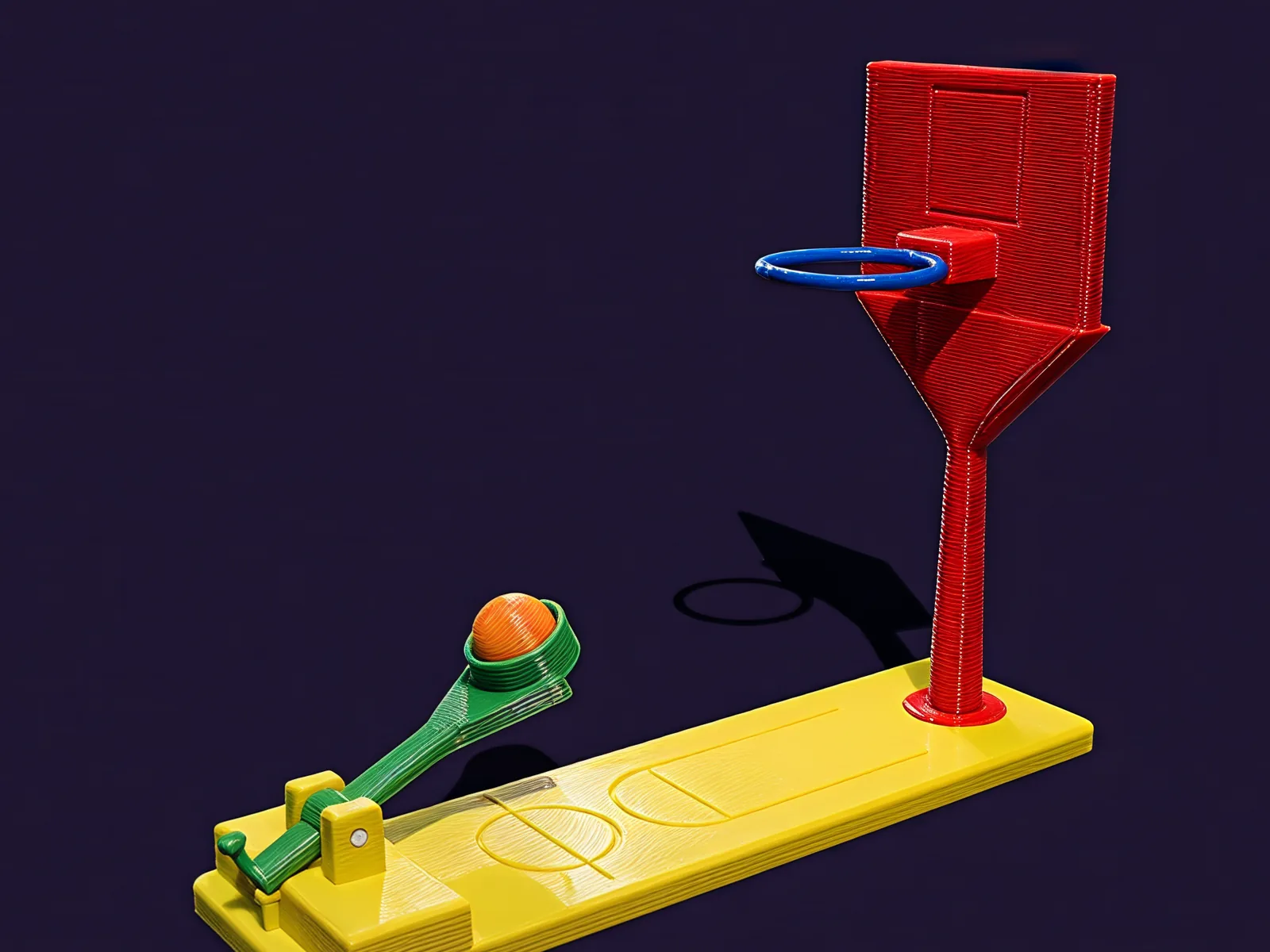 Basketball Hooping on a dark backdrop: a yellow-green court with a green lever holding an orange ball at the near end, and a red post and backboard with a blue rim at the far end.