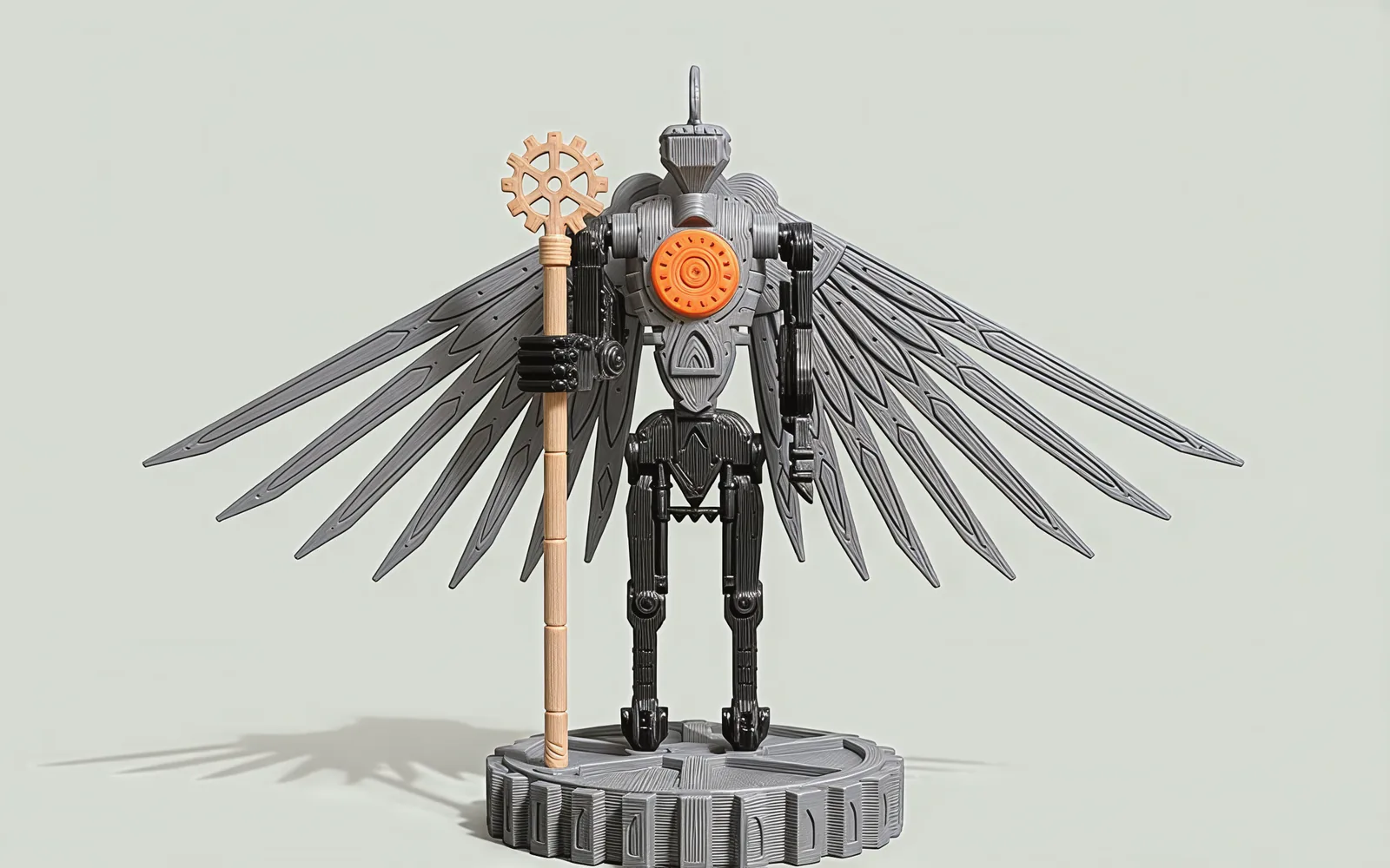 The statue from straight ahead with both wings folded down along its sides.