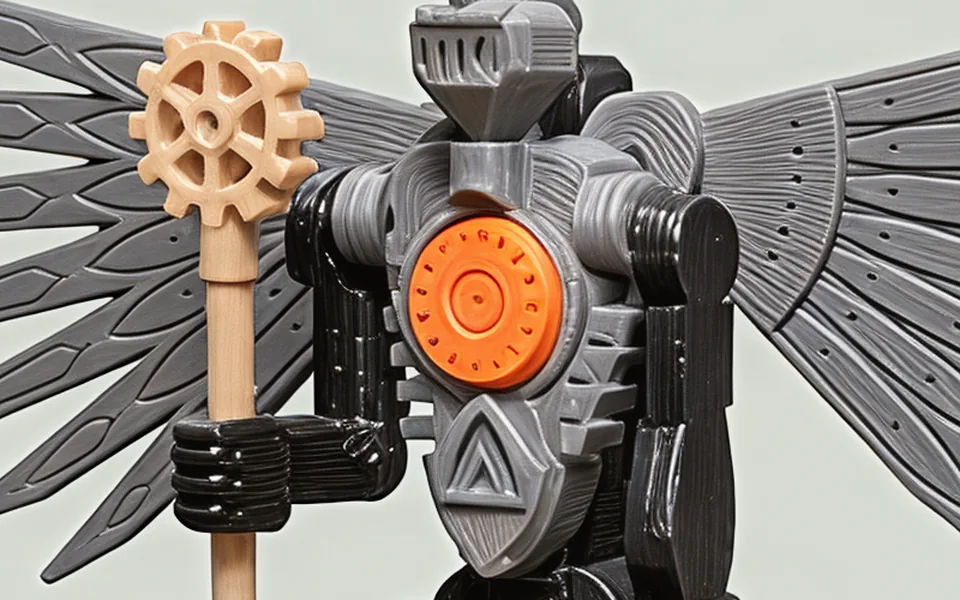 The orange heart set in the grey riveted chest, the black fist beside it gripping the staff.
