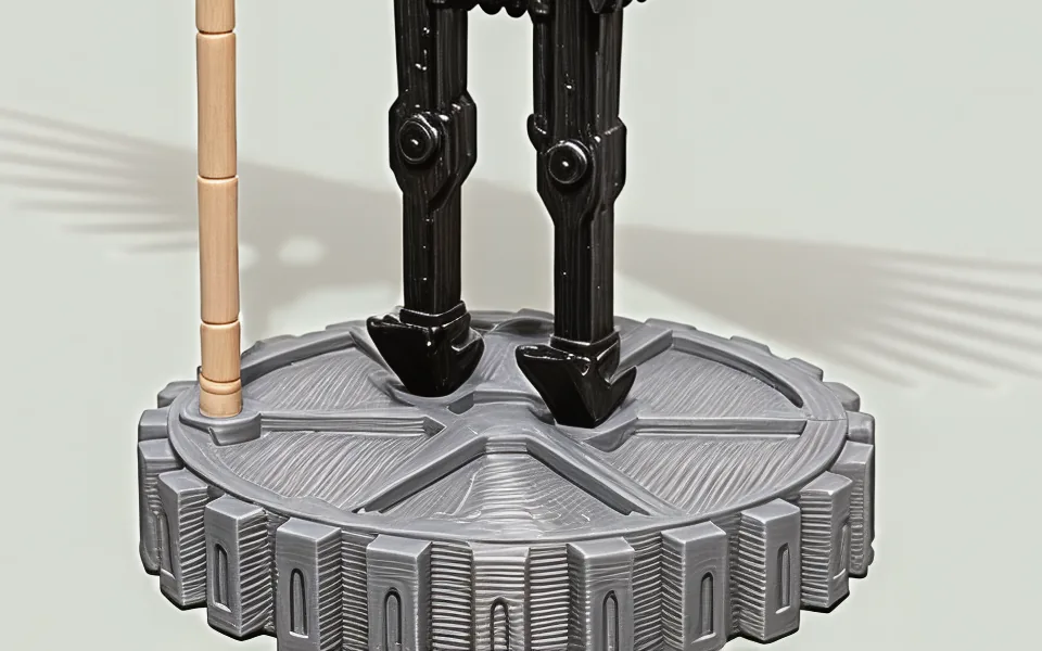 The feet and the foot of the staff set into the gear pedestal, a lancet arch on the side of every tooth.