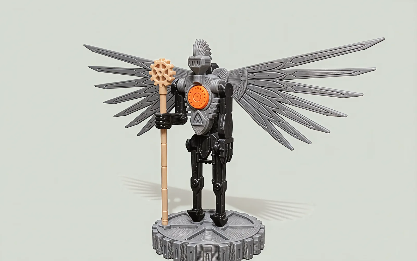 The Broken God statue seen from the front left, wings spread wide, the staff in its right fist and the orange heart in its grey chest.