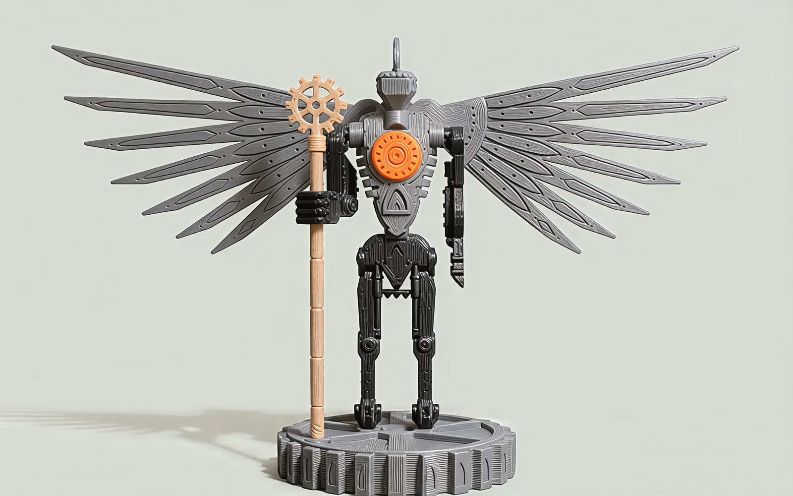 The statue from the same viewpoint with both wings spread wide.