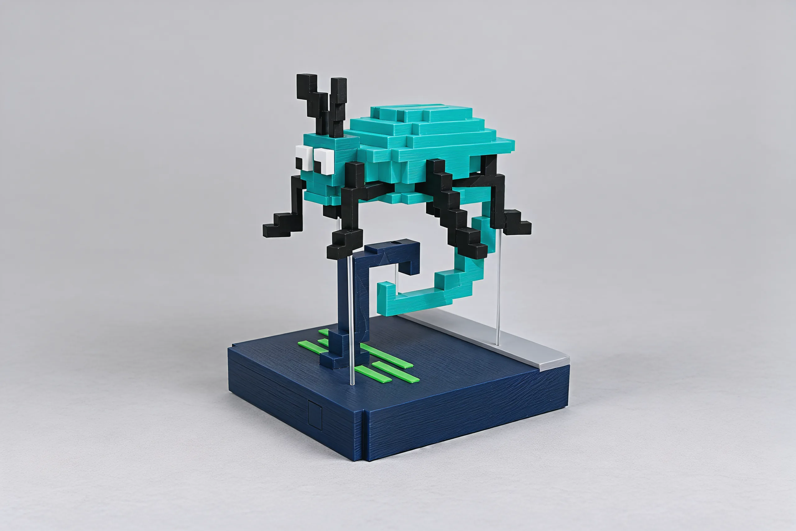 Studio view from the front left: the teal bug with its black stepped legs, its curled teal tail hooked through the navy hook, clear lines down to the base