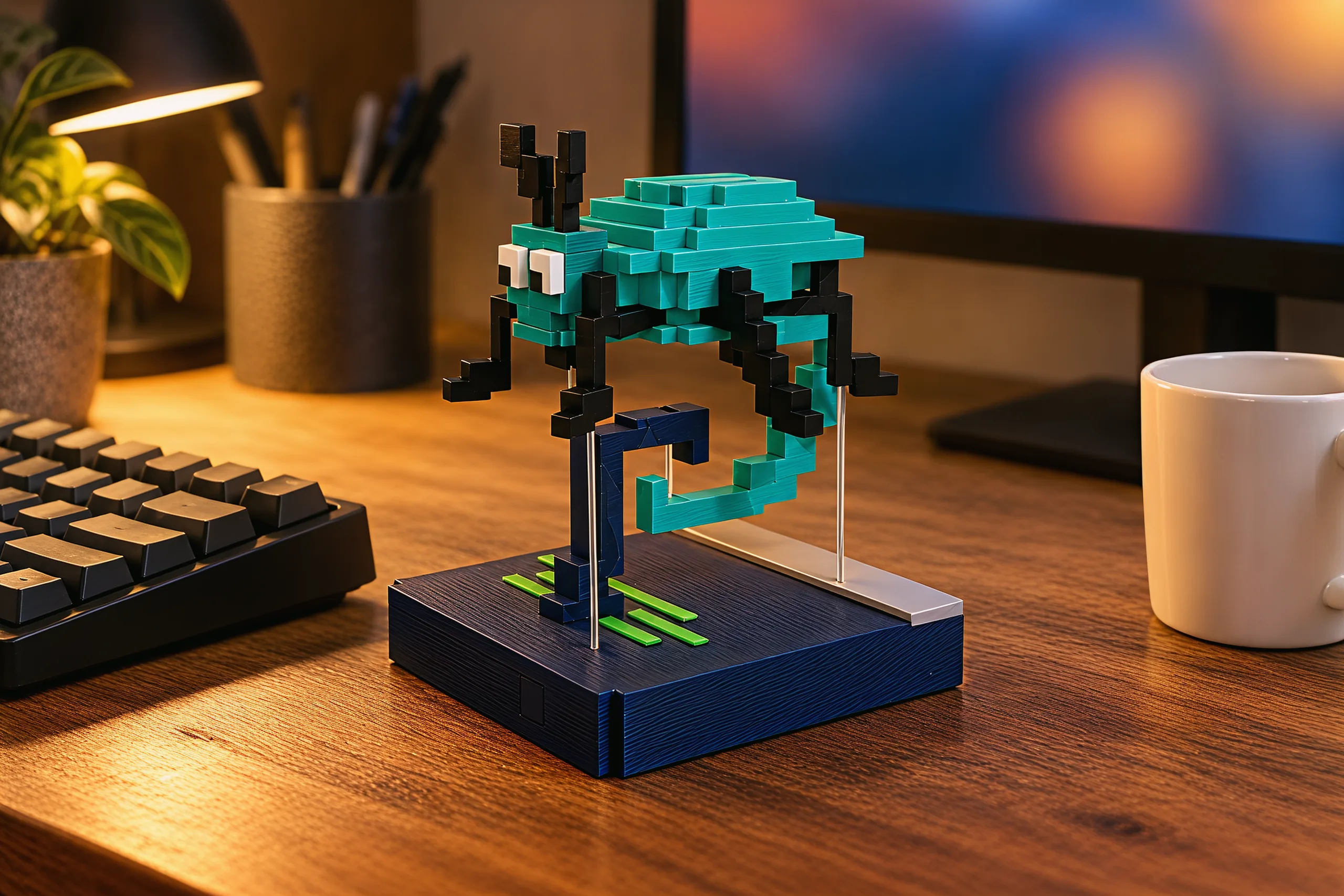 On a wooden desk beside a dark mechanical keyboard and a white mug, the teal pixel bug hovers over its navy terminal base in warm lamp light