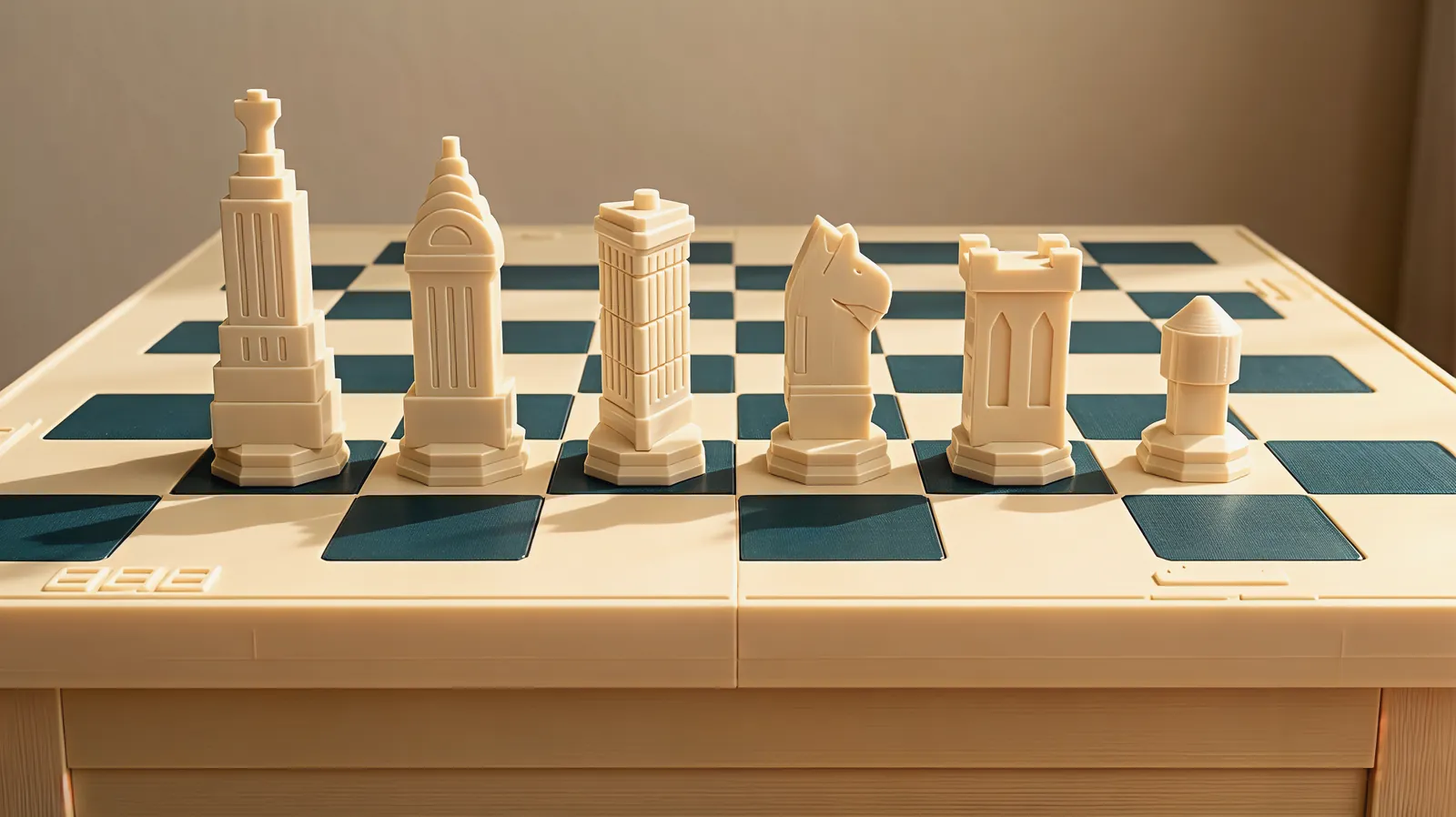 The six ivory roles standing in a row on the board: king, queen, bishop, knight, rook and pawn
