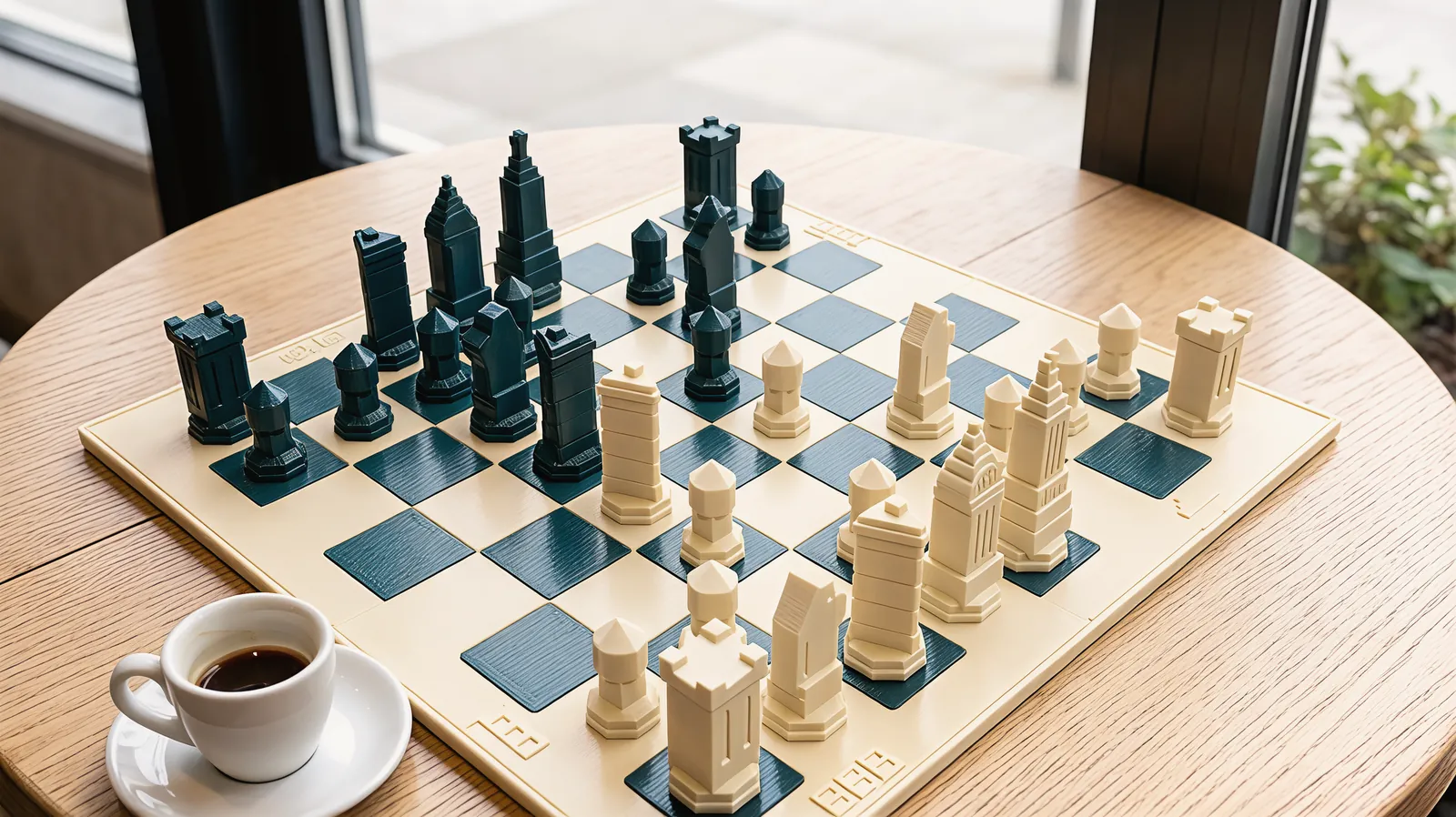 A game in progress on a round oak café table, an espresso cup beside the board