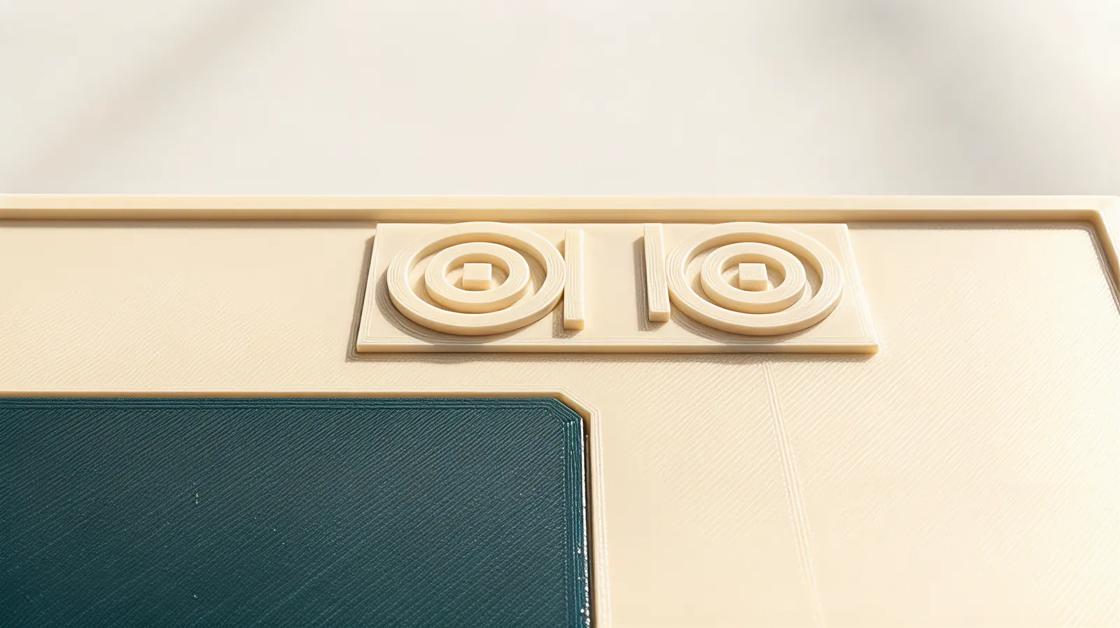 Close-up of the Bronx relief: two concentric record decks raised from the ivory frame