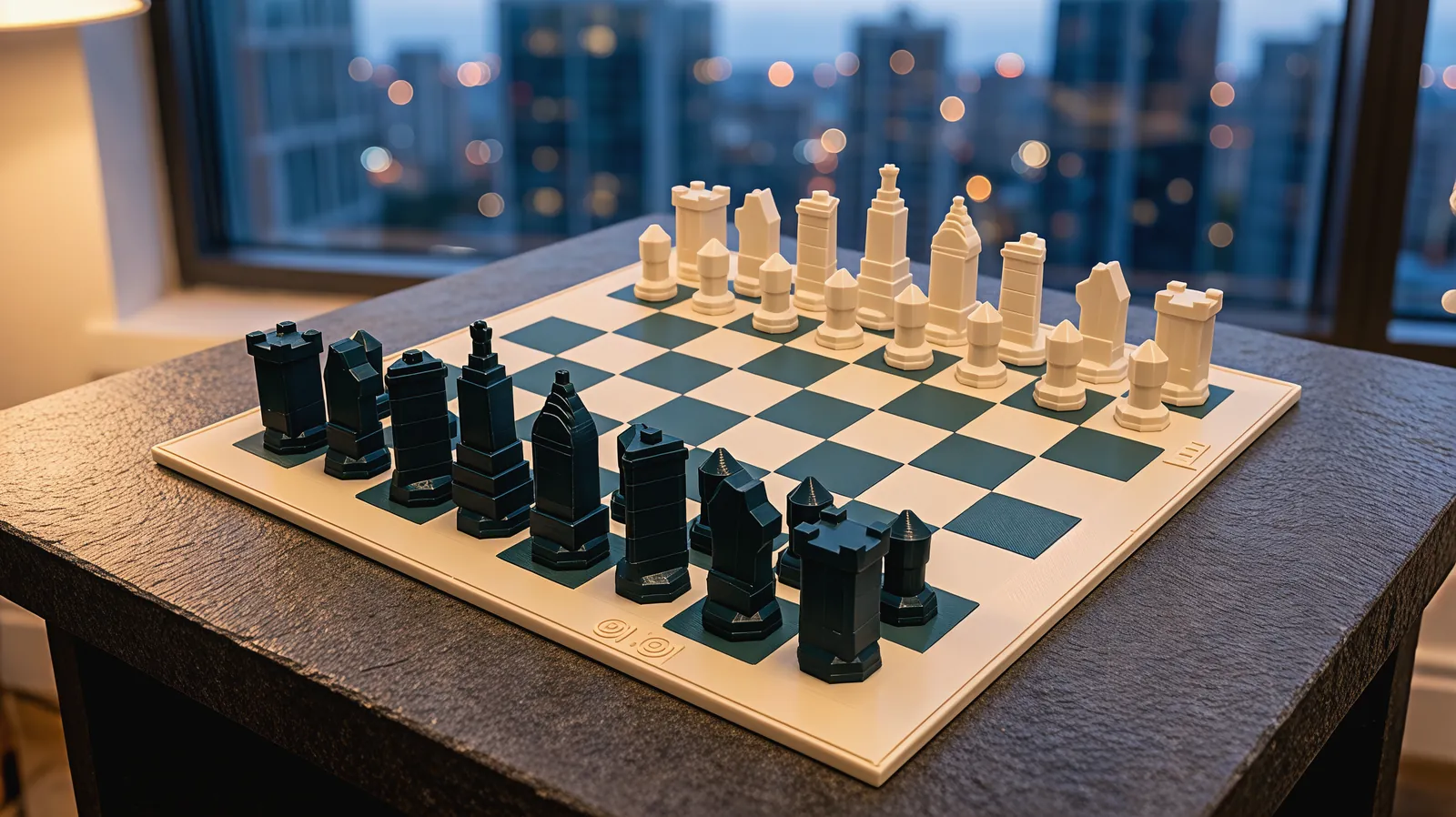 The set on a charcoal stone table at dusk, a blurred city skyline in the window behind
