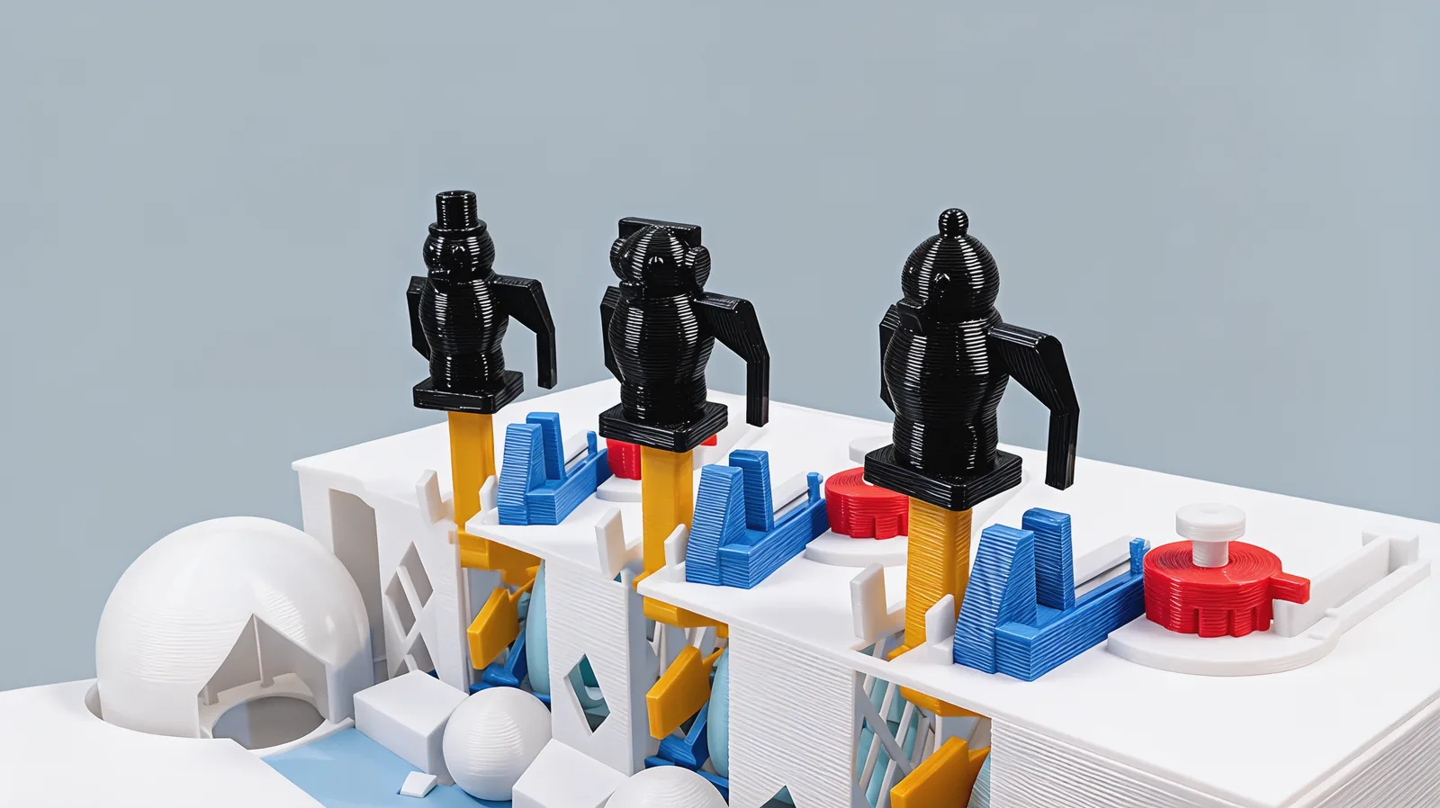 One side's three penguins in a row, wearing a top hat, earmuffs and a bobble hat, each on its orange key with a red snow dial beside it.