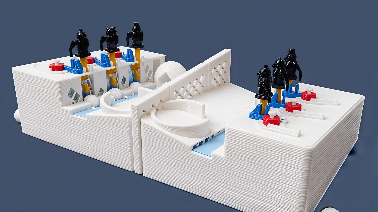 Both snow forts of Deck the Igloo set up across the ice wall, three black penguins on orange keys along the back of each fort, red snow dials beside them, and an igloo in each fort's corner.