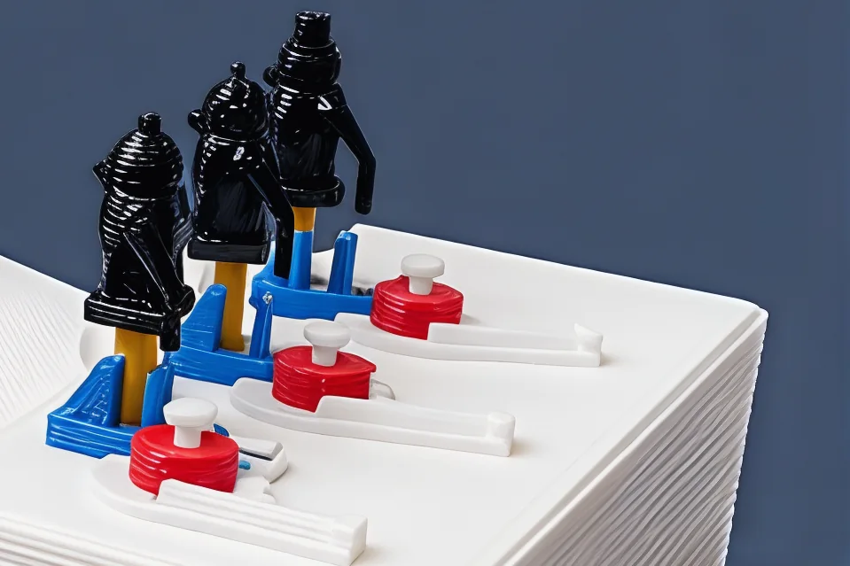 Close on one fort's rampart: three penguins on their orange keys, and beside each a red snow dial with its white axle cap and a slider running back from it.