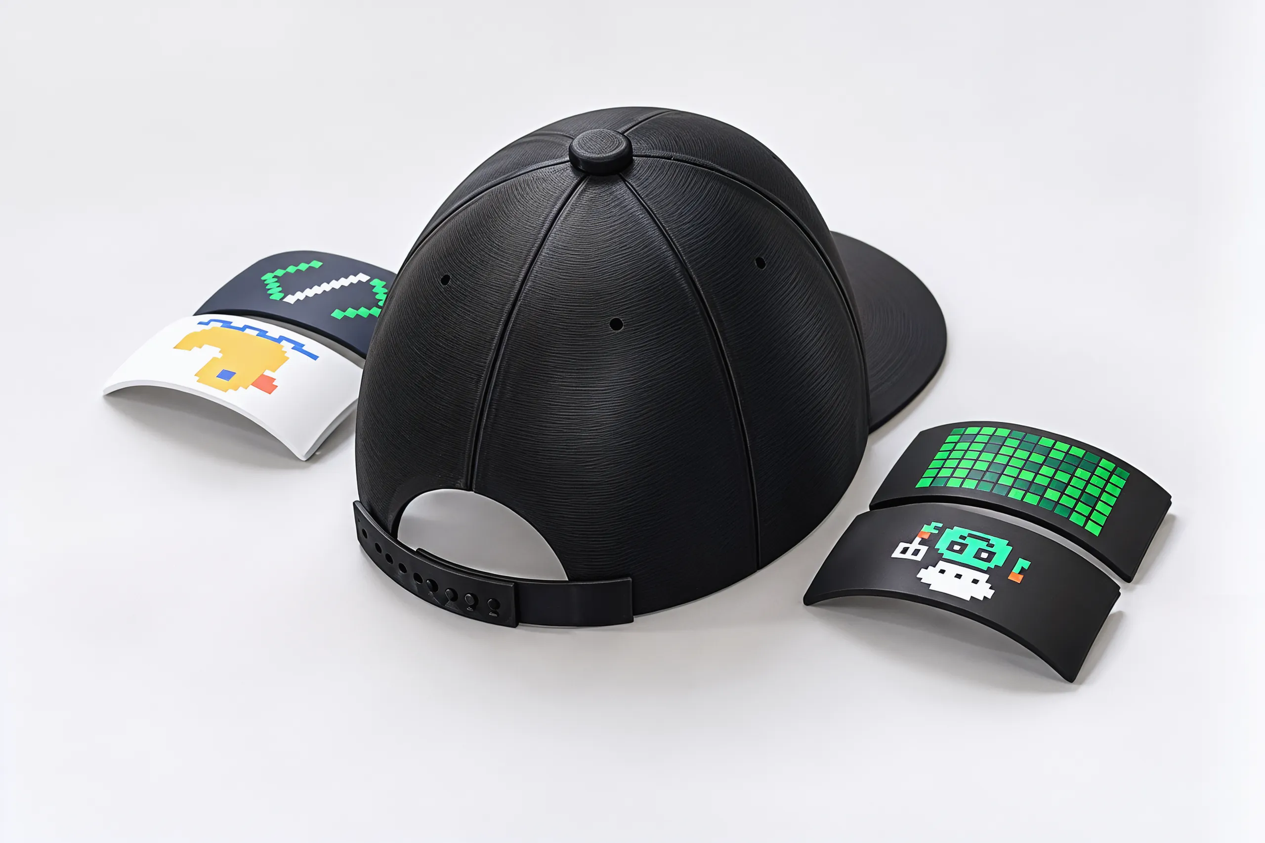 The cap from behind on a pale ground with the four spare badges beside it: duck and code on one side, commit and chef on the other
