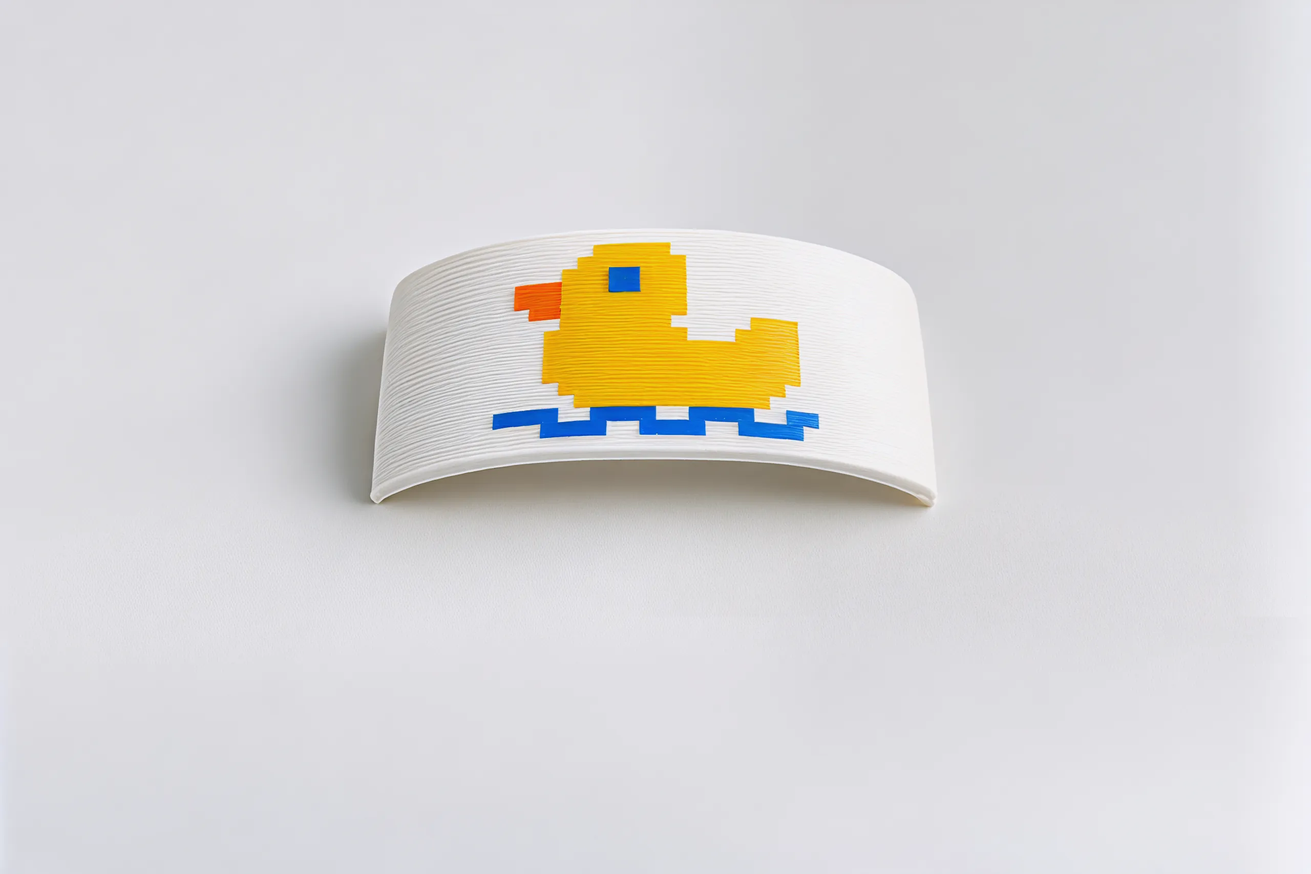 The duck badge on its own: a curved white plate with a yellow pixel duck, an orange beak and a blue water line
