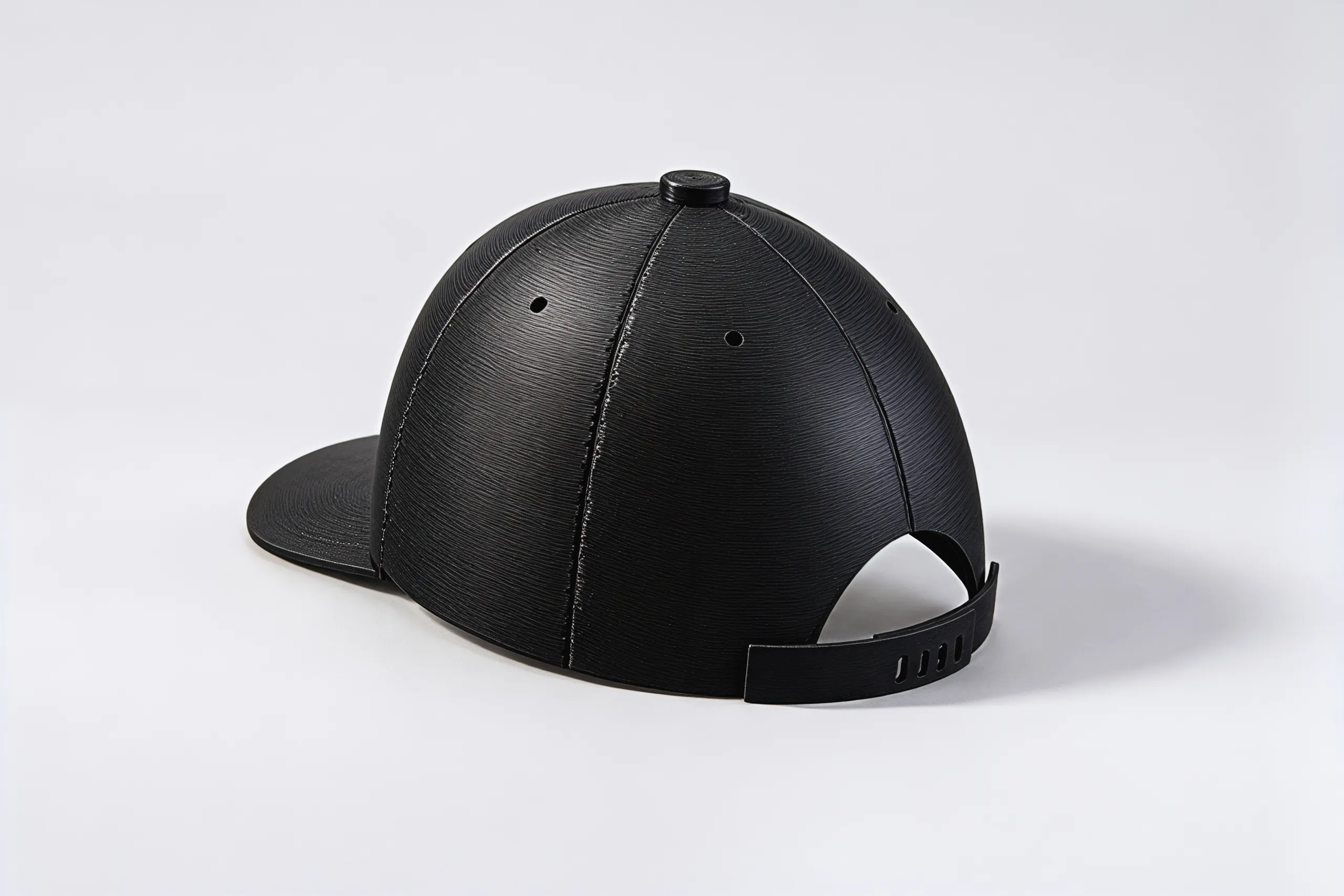 The back of the cap: six black panels meeting at the button, the arched opening and the slotted strap