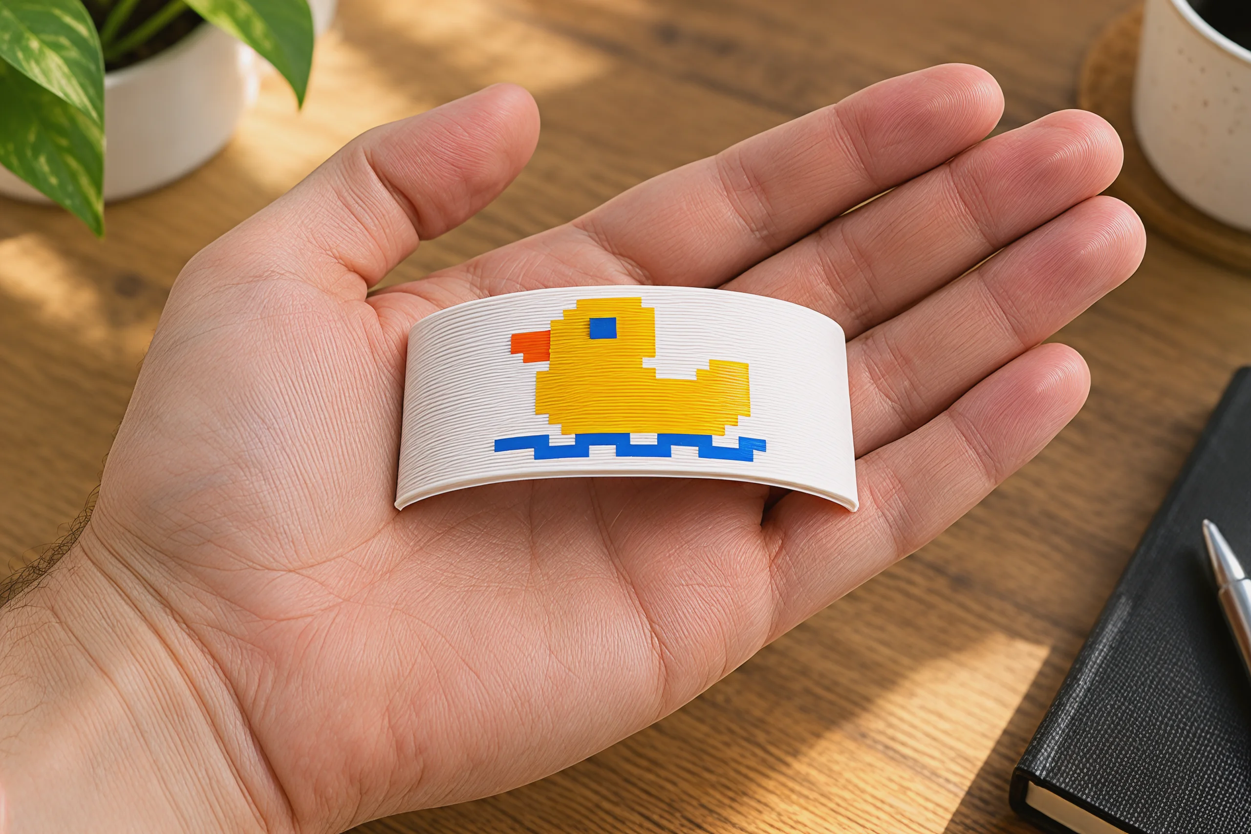 The duck badge resting in an open palm over a wooden desk, a little longer than the palm is wide