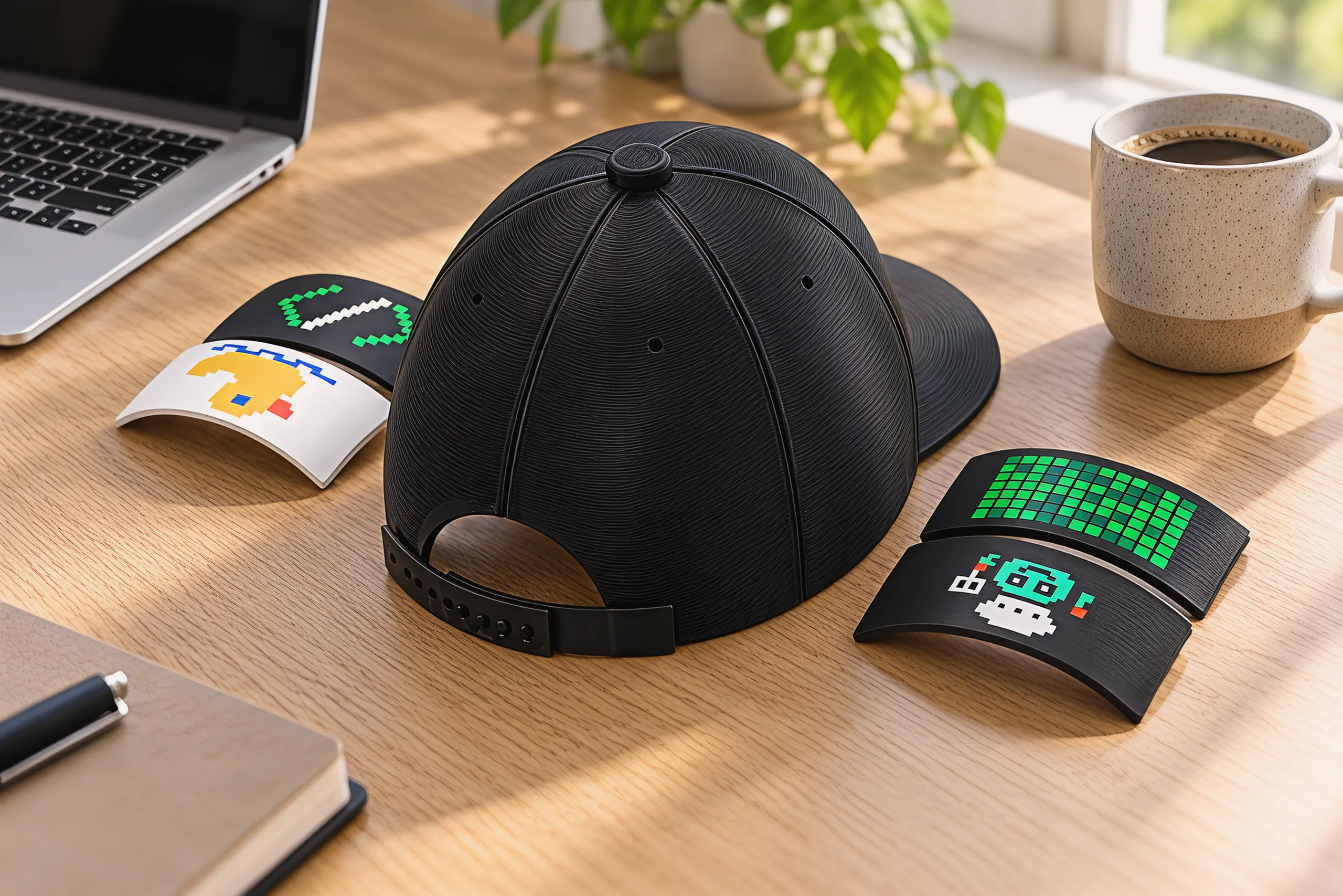 The cap on an oak desk beside a laptop and a coffee mug, the duck, code, commit and chef badges laid next to it