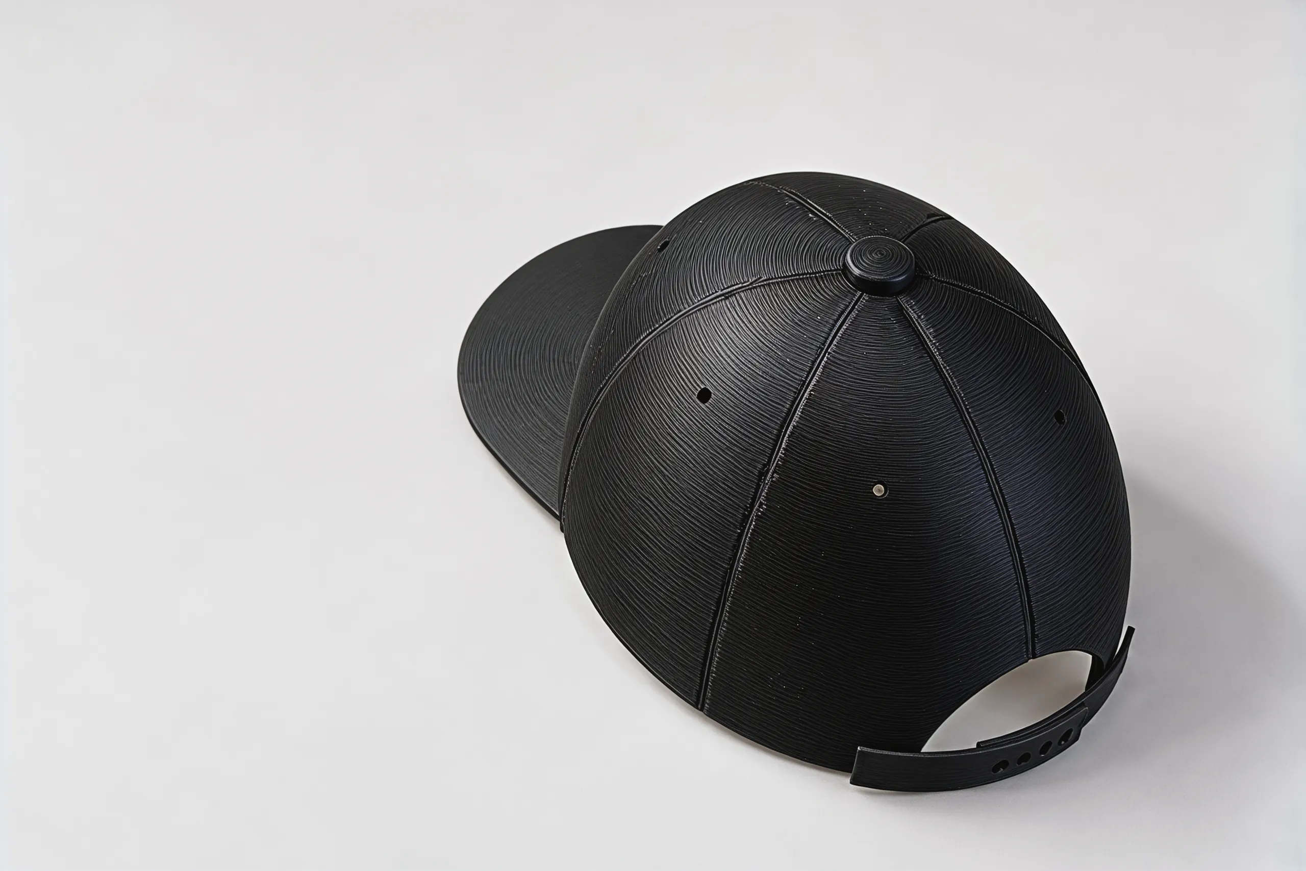 Looking down on the crown from behind: six black panels, small round eyelets and the button on top