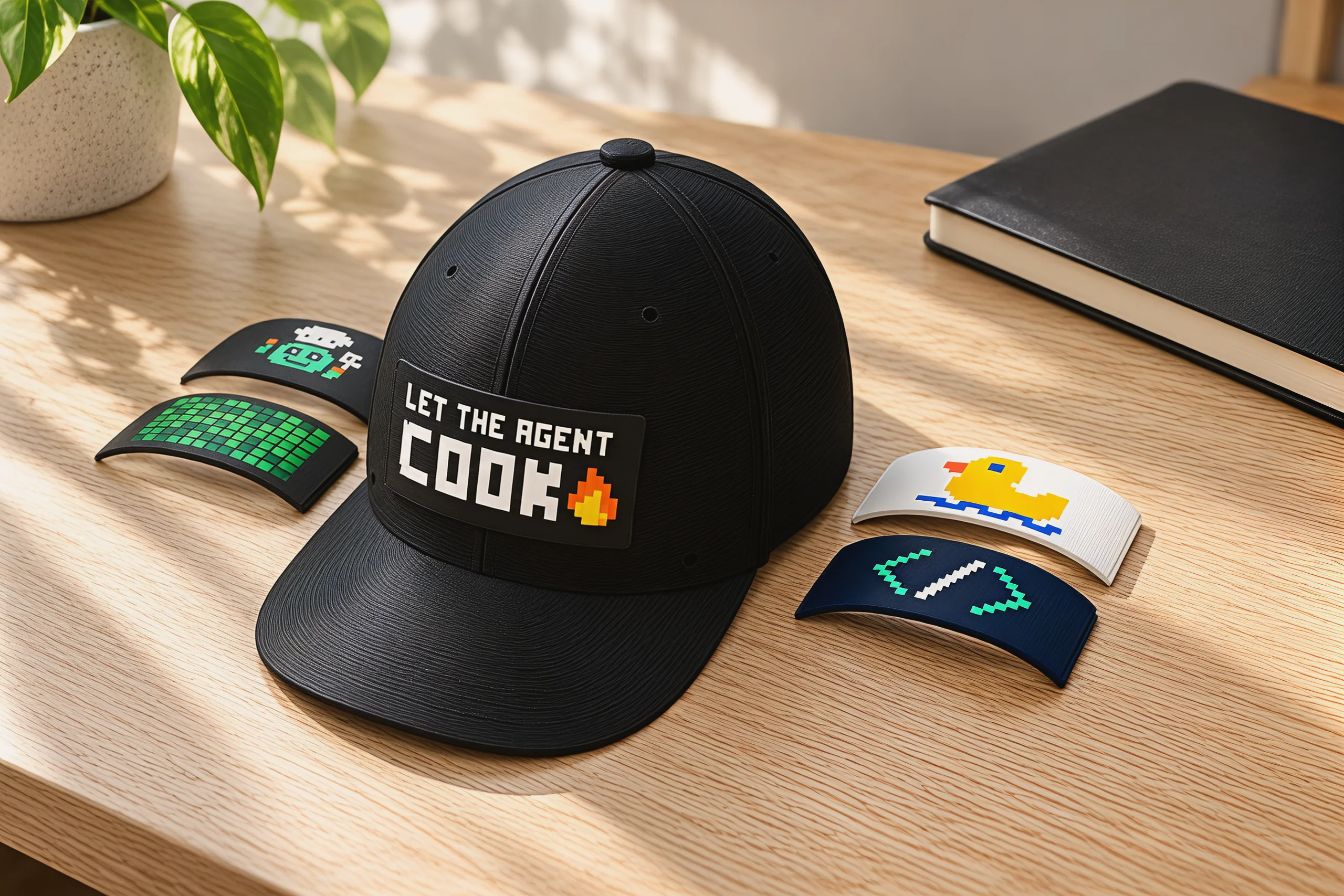 The black cap on a light oak desk wearing the LET THE AGENT COOK badge, with the chef, commit, duck and code badges lying beside it