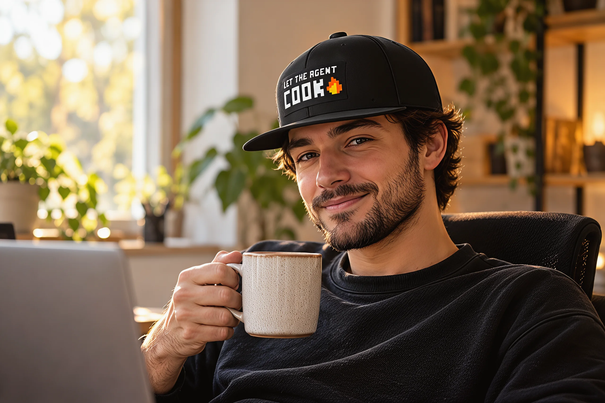 A relaxed developer leaning back with a mug of coffee, wearing the black cap with the LET THE AGENT COOK badge on the front