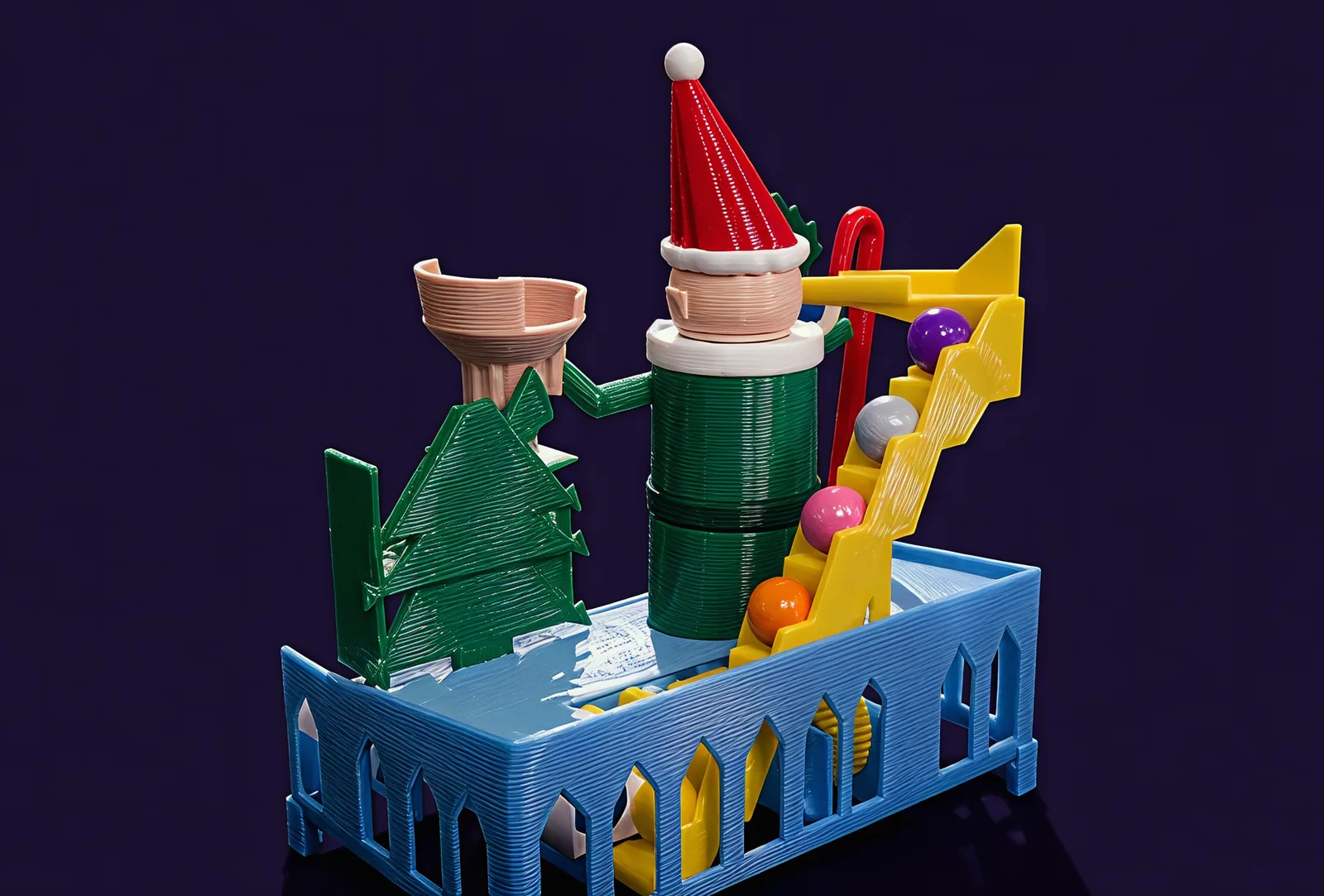 The back of the toy: a yellow stair climbing behind the elf with purple, silver, pink and orange baubles on its steps.