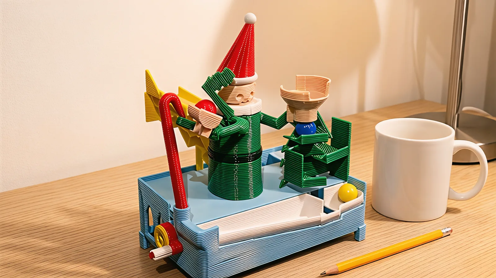 The toy on a light oak desk beside a white coffee mug and a yellow pencil, in warm lamp light.