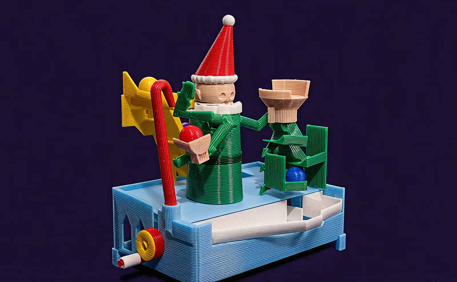Mid-turn: the elf's throwing arm pulled down with a red bauble in the cup, below the hook of the candy cane.