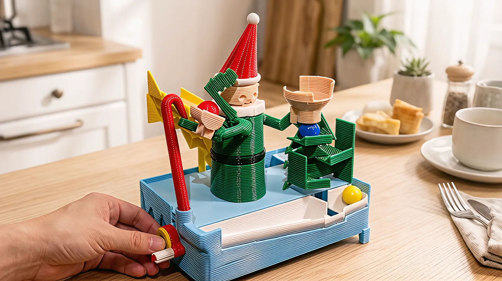 A hand turning the red crank at the corner of the base, on a wooden kitchen table beside a coffee cup and a plate of pastries.