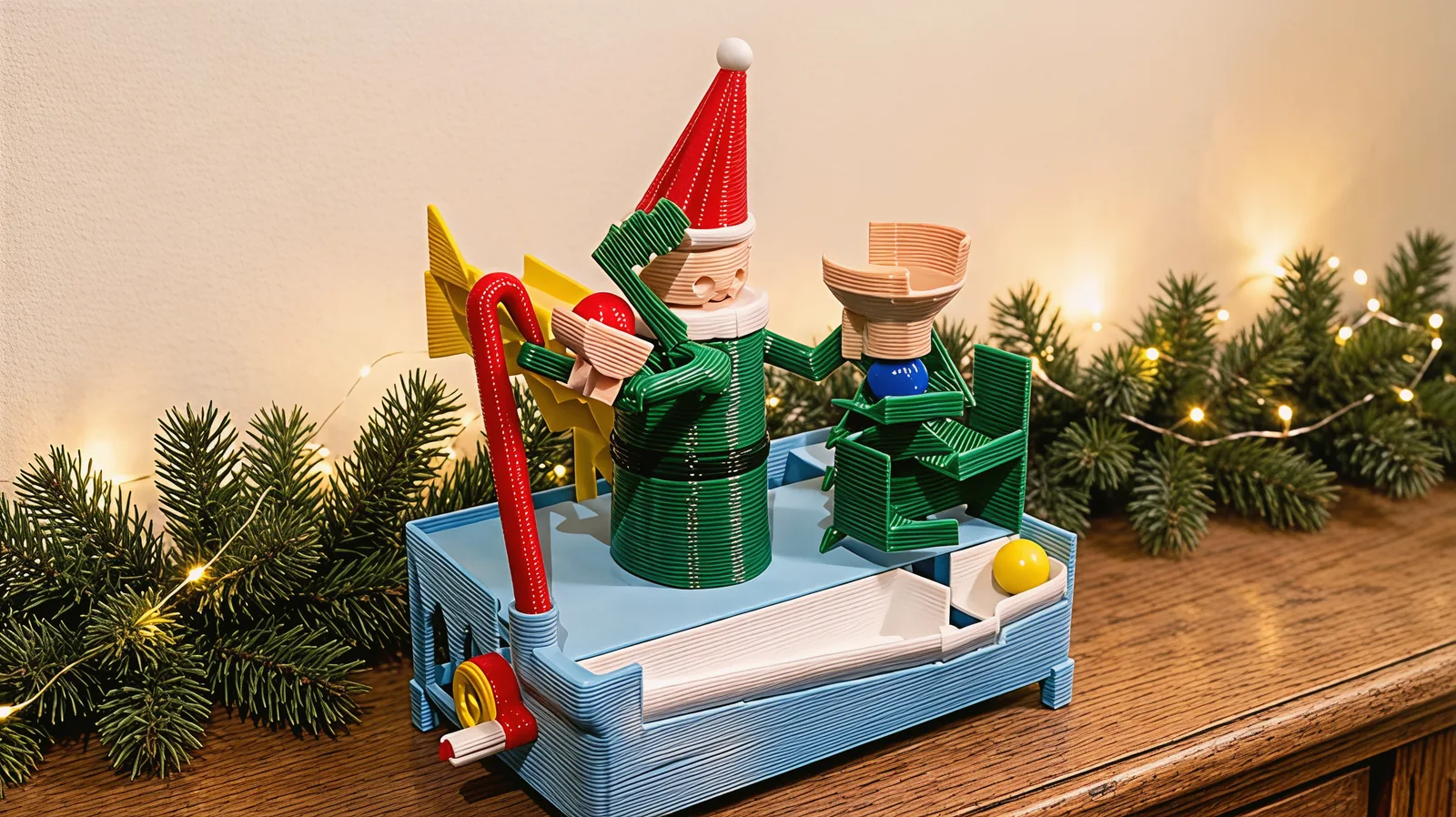 The toy on a wooden mantelpiece among a pine garland and warm fairy lights.