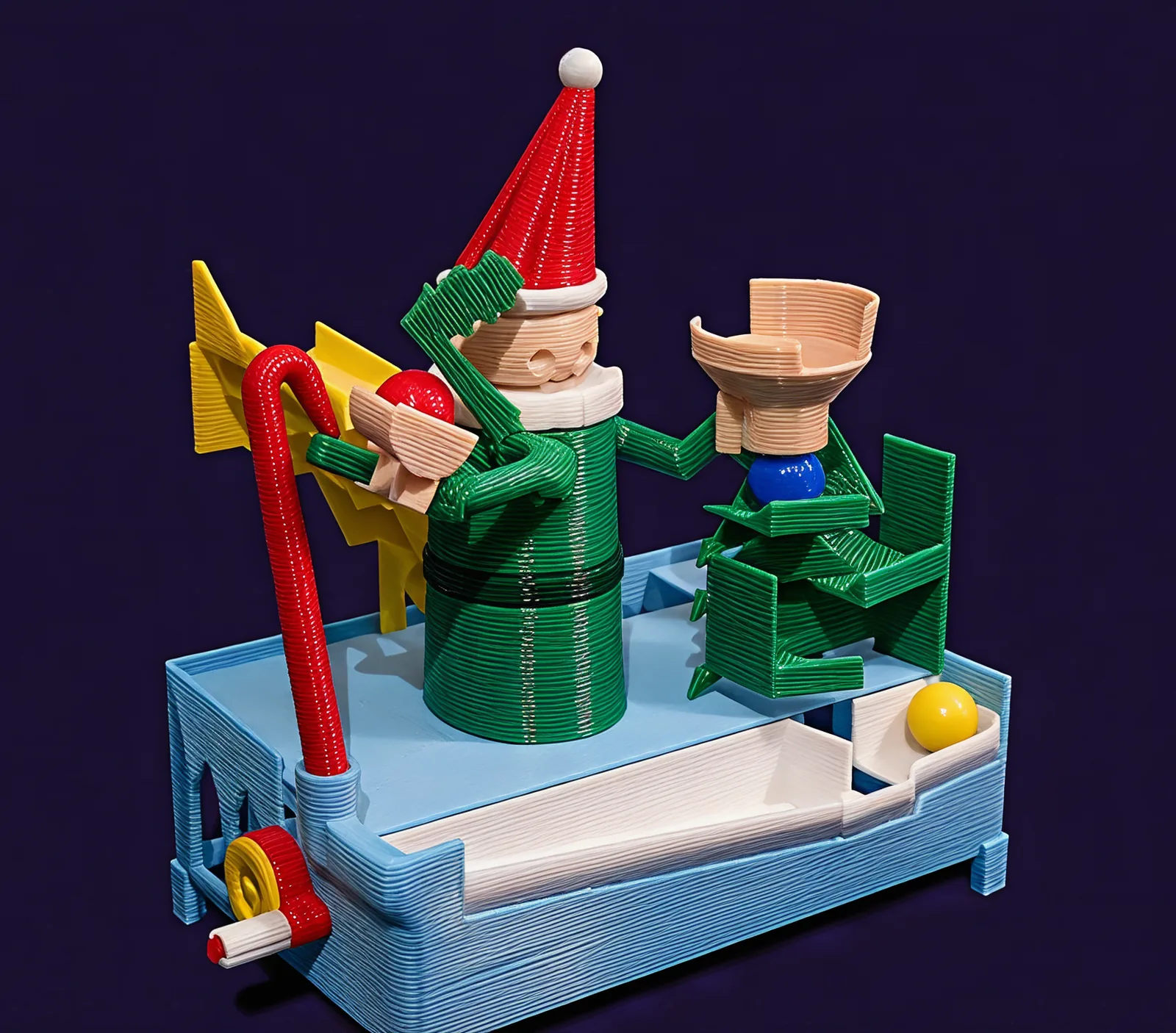 The elf on his light-blue base with a red bauble in his throwing hand, the candy cane beside him, the green tree and the peach mitten to his left, and a yellow bauble in the trough along the front.