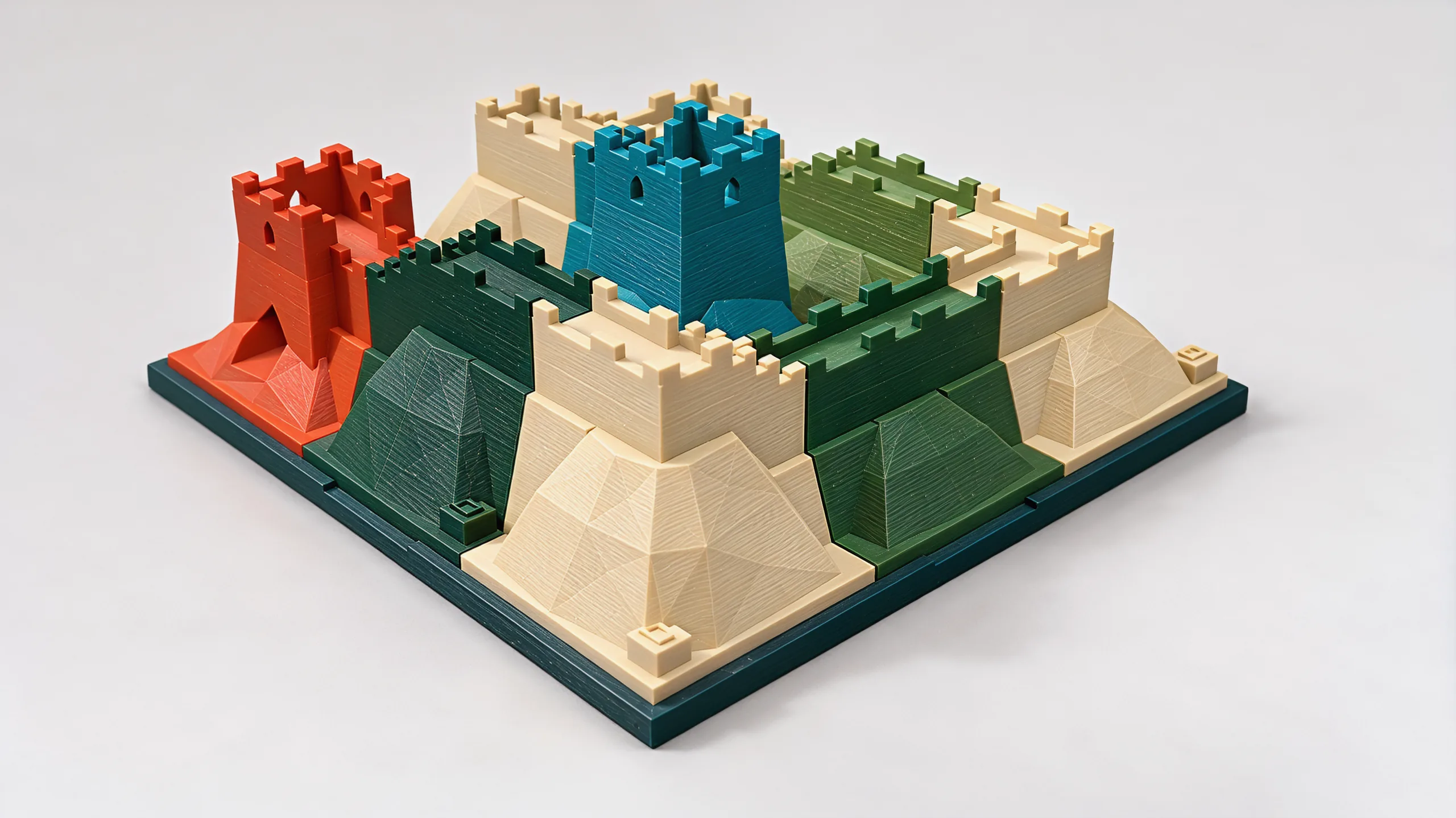 The solved board seen from above one corner: cream and green wall squares on a dark slate tray, linked into one walkway between a red tower and a teal tower