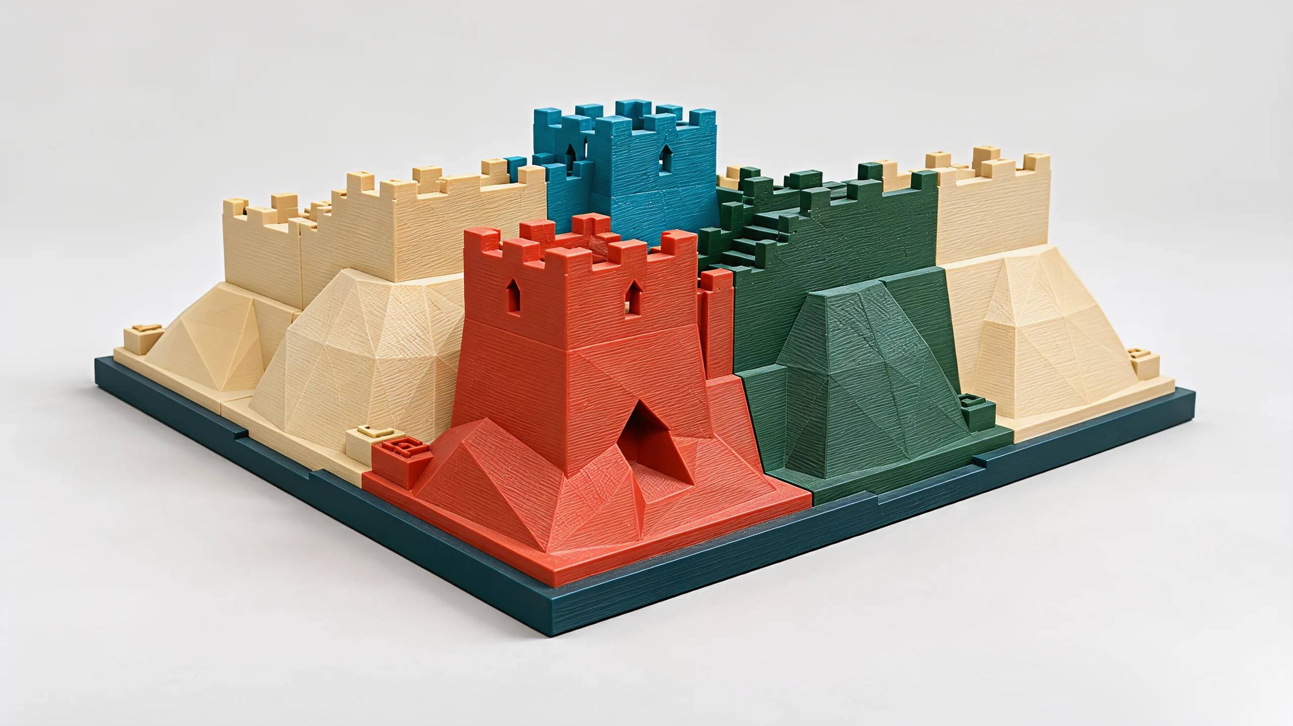 Low view along the front of the wall: the red gate tower in front, the stepped green ramp to its right, the teal tower rising at the back