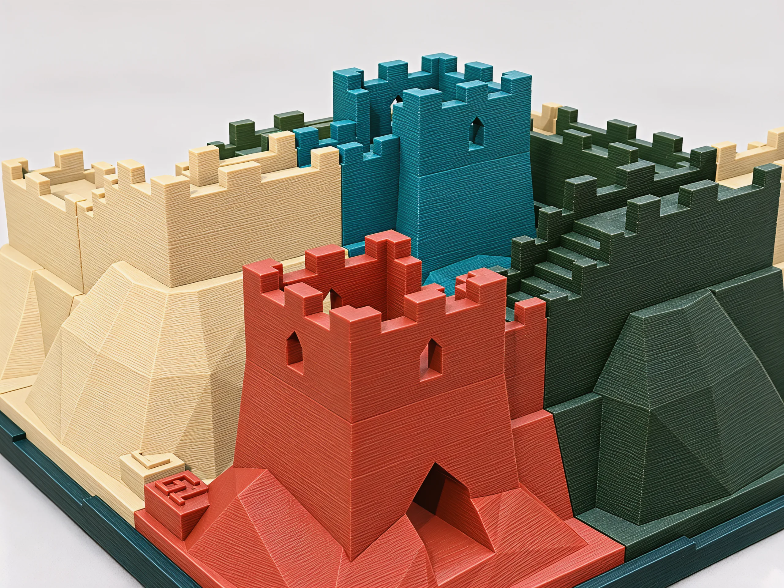 Close on the red tower: crenellated top, arrow-slit windows, a gate cut through its rocky base