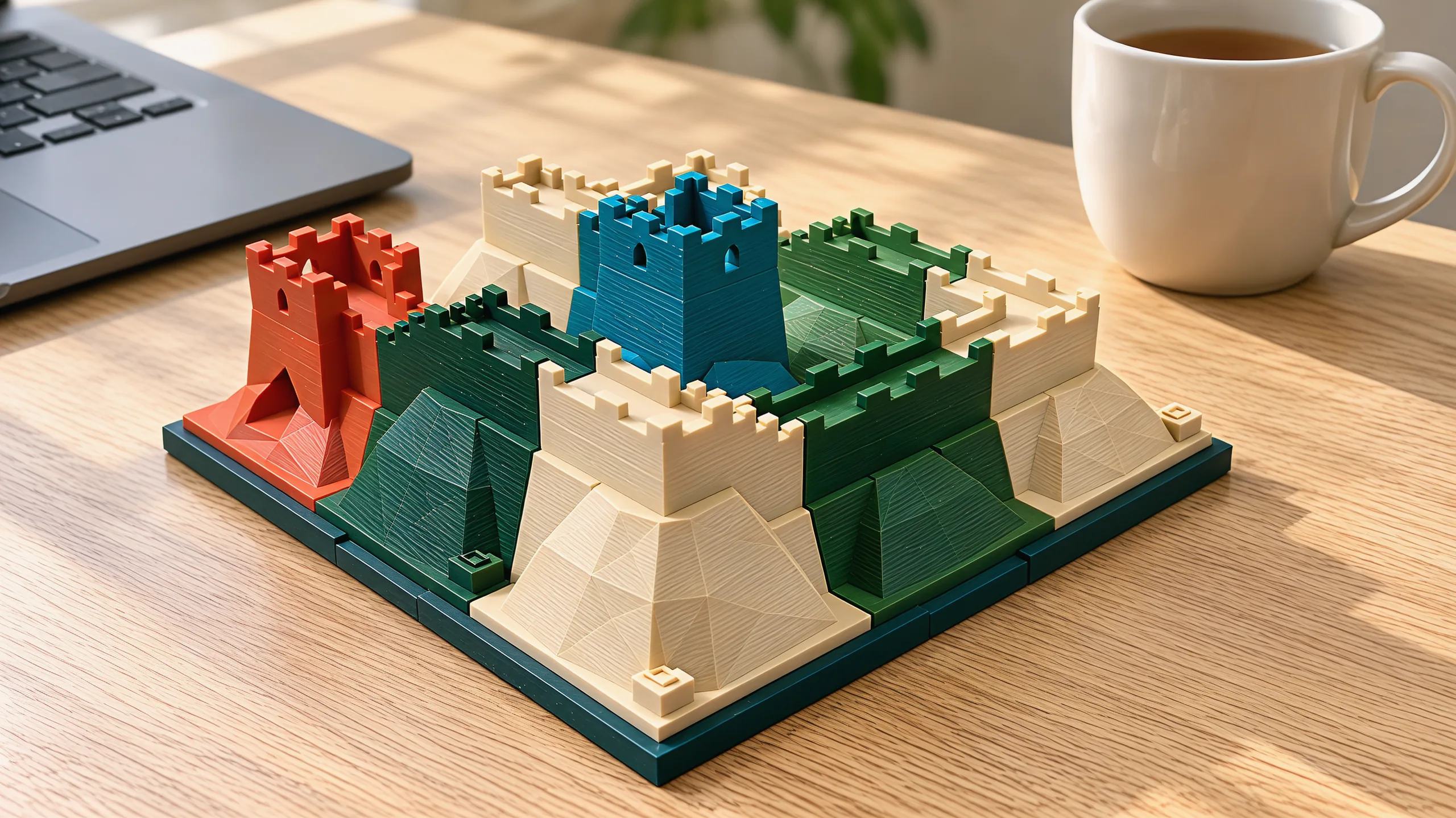 The finished wall on an oak desk next to a laptop and a mug of tea, the red tower at the front left and the teal tower behind