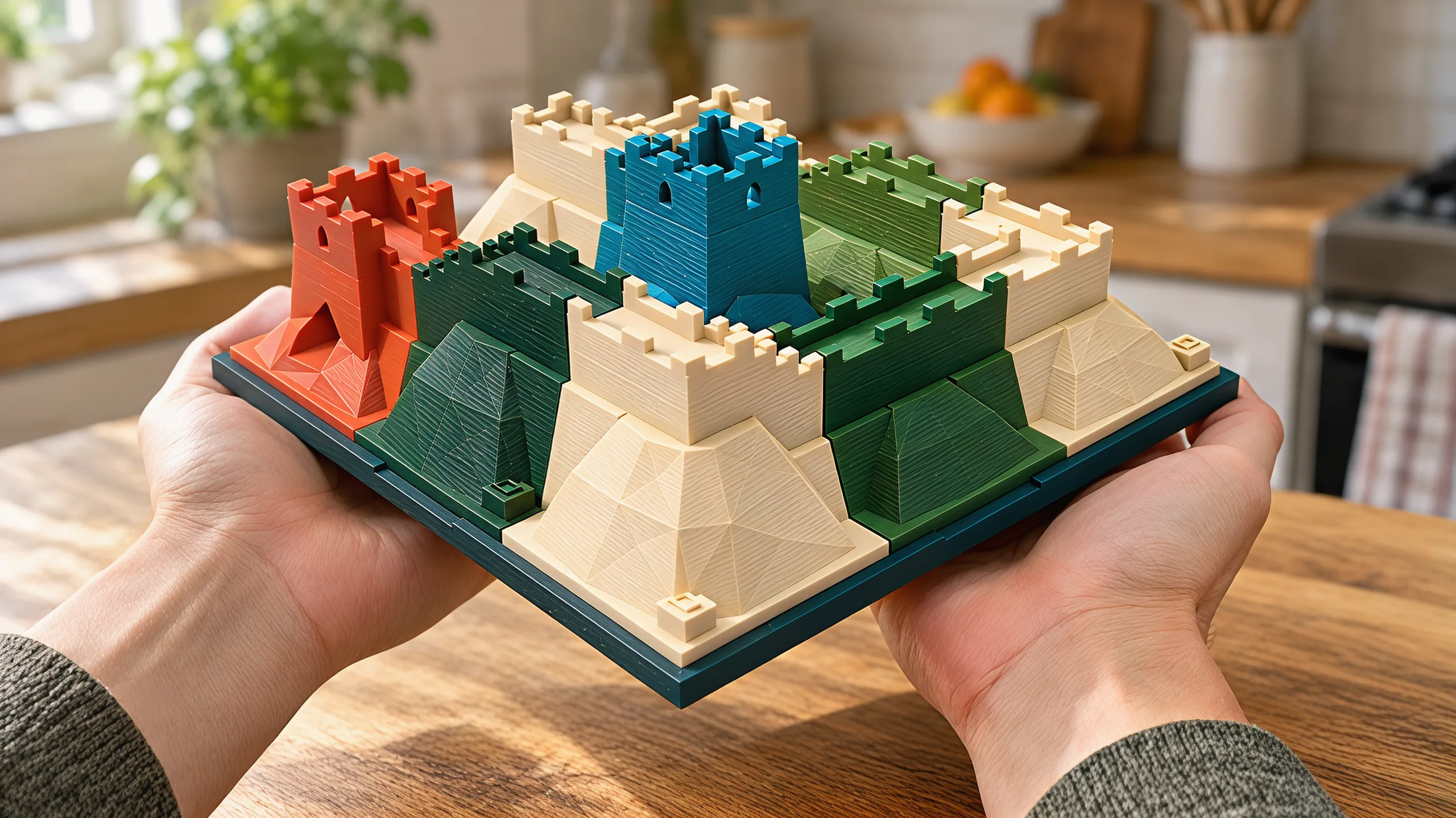 The solved puzzle held level in two open hands over a kitchen table