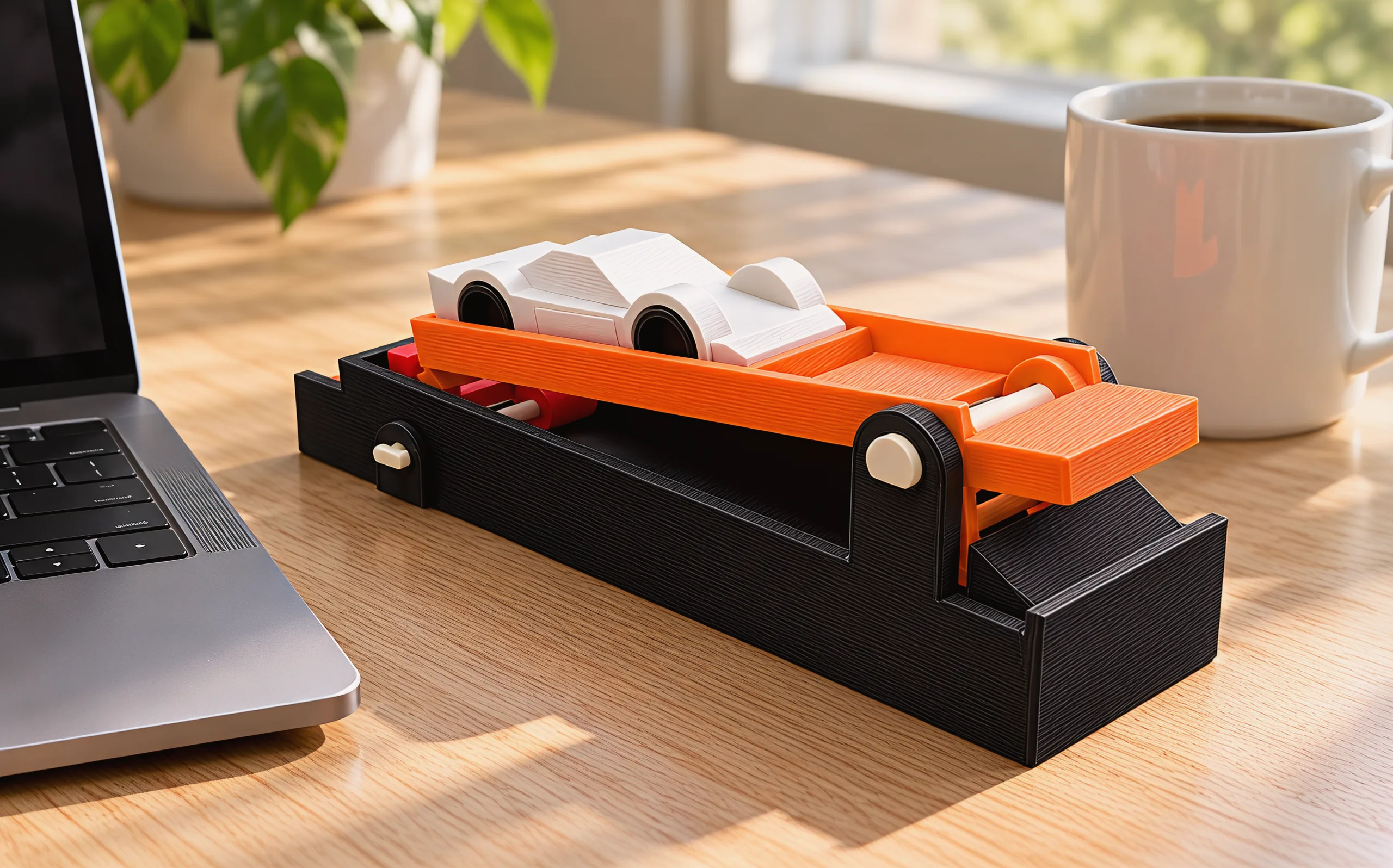 The launcher on an oak desk between a laptop and a coffee mug, the silver car loaded on its orange paddle