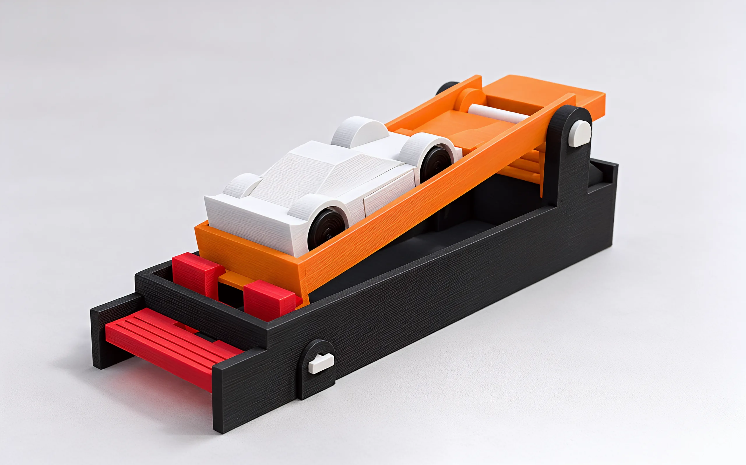 From behind: the red slatted tab sticks out of the charcoal base under the paddle, with the car loaded above it