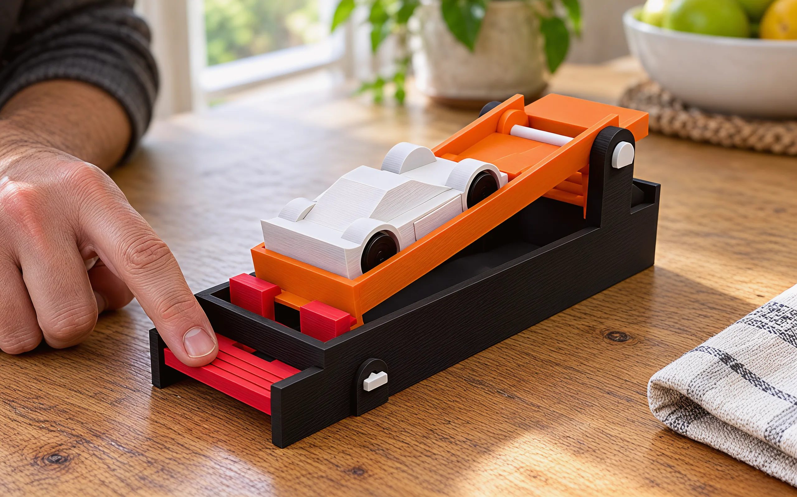 A finger pressing the red slatted tab at the back of the launcher on a kitchen table, the car still loaded on the paddle