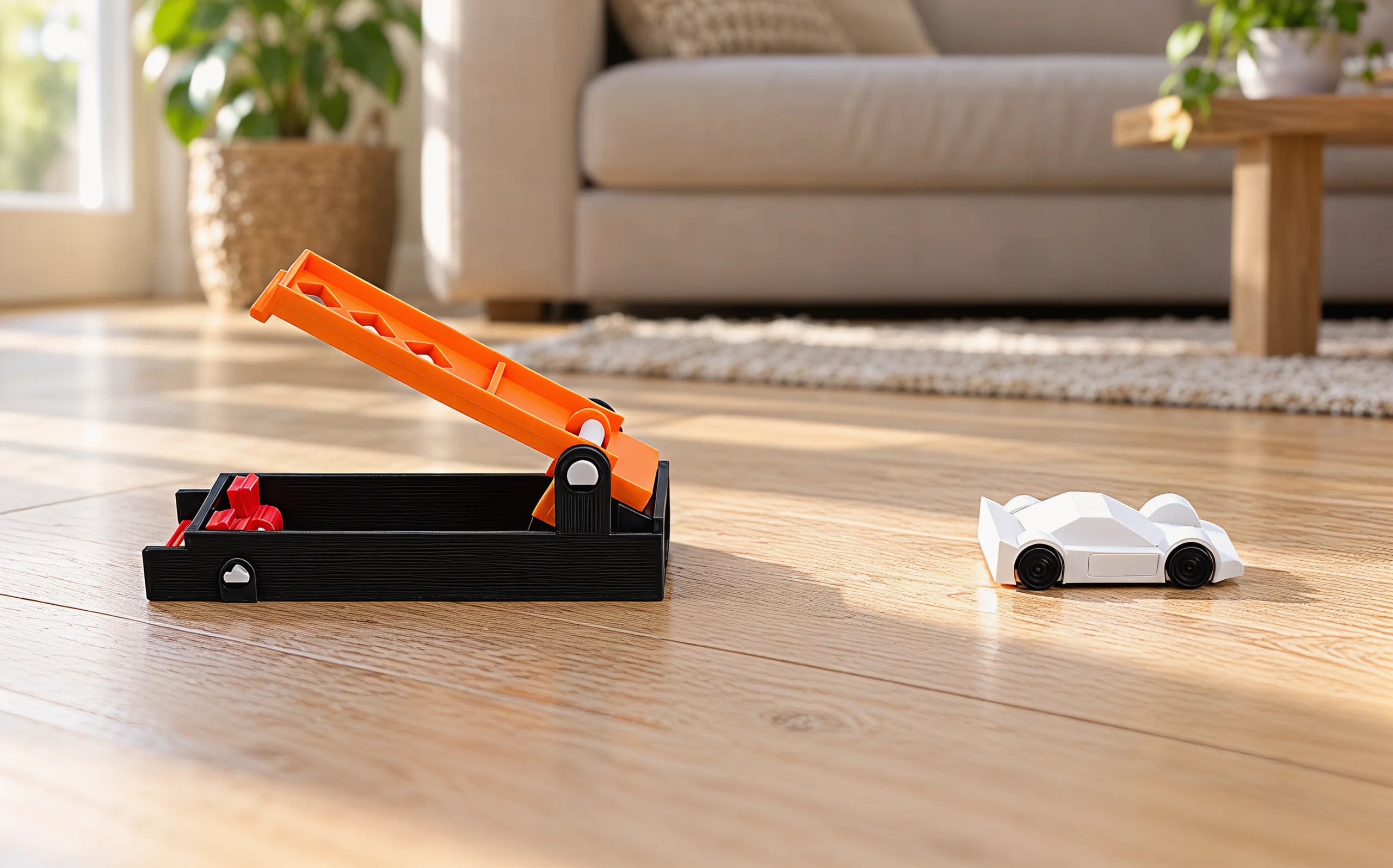 On a living-room floor, the orange paddle raised against its stop and the car sitting on its wheels a short way ahead