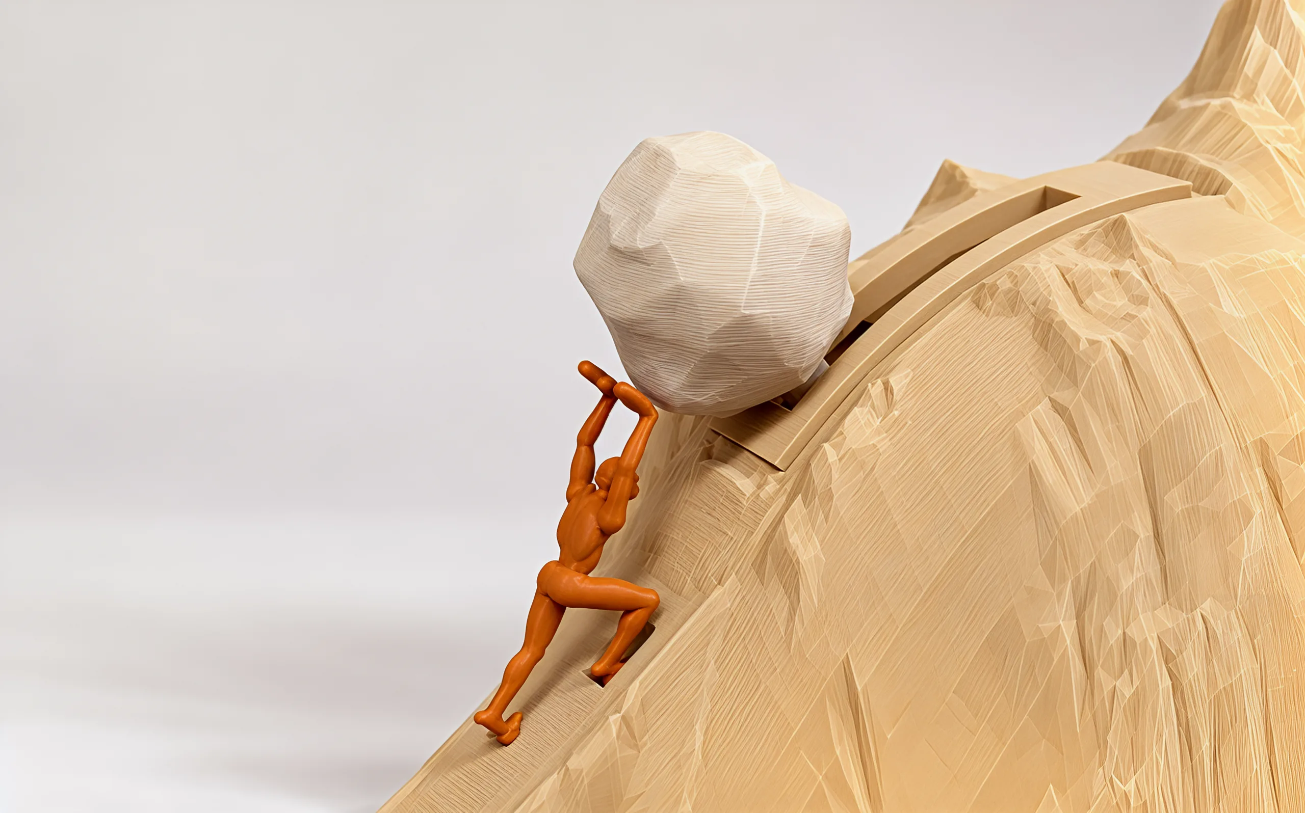 Close on Sisyphus: knees bent, arms locked overhead under the boulder, the trail's slot running up the crest behind it