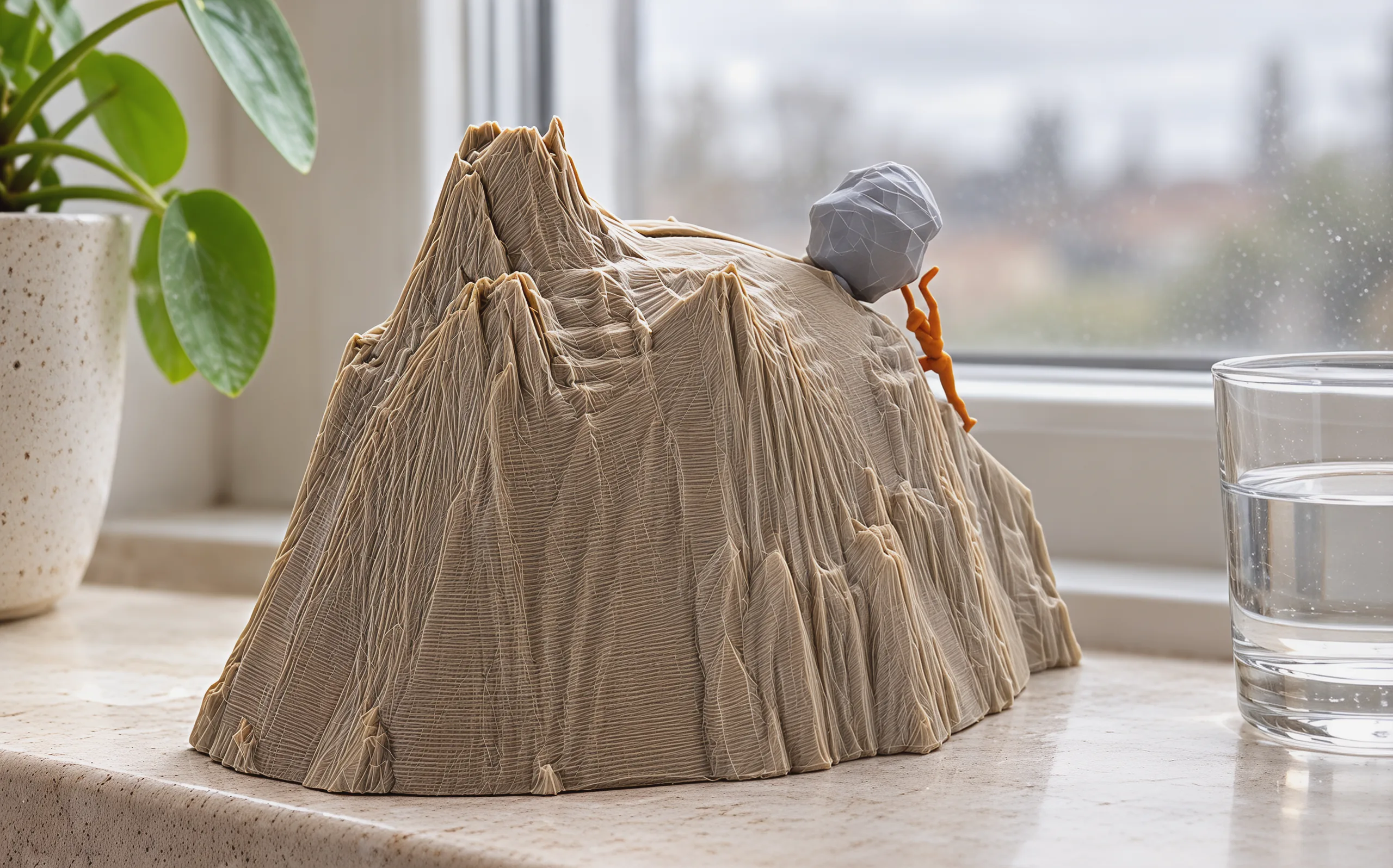 The mountain from behind on a pale stone windowsill, a glass of water beside it in soft daylight
