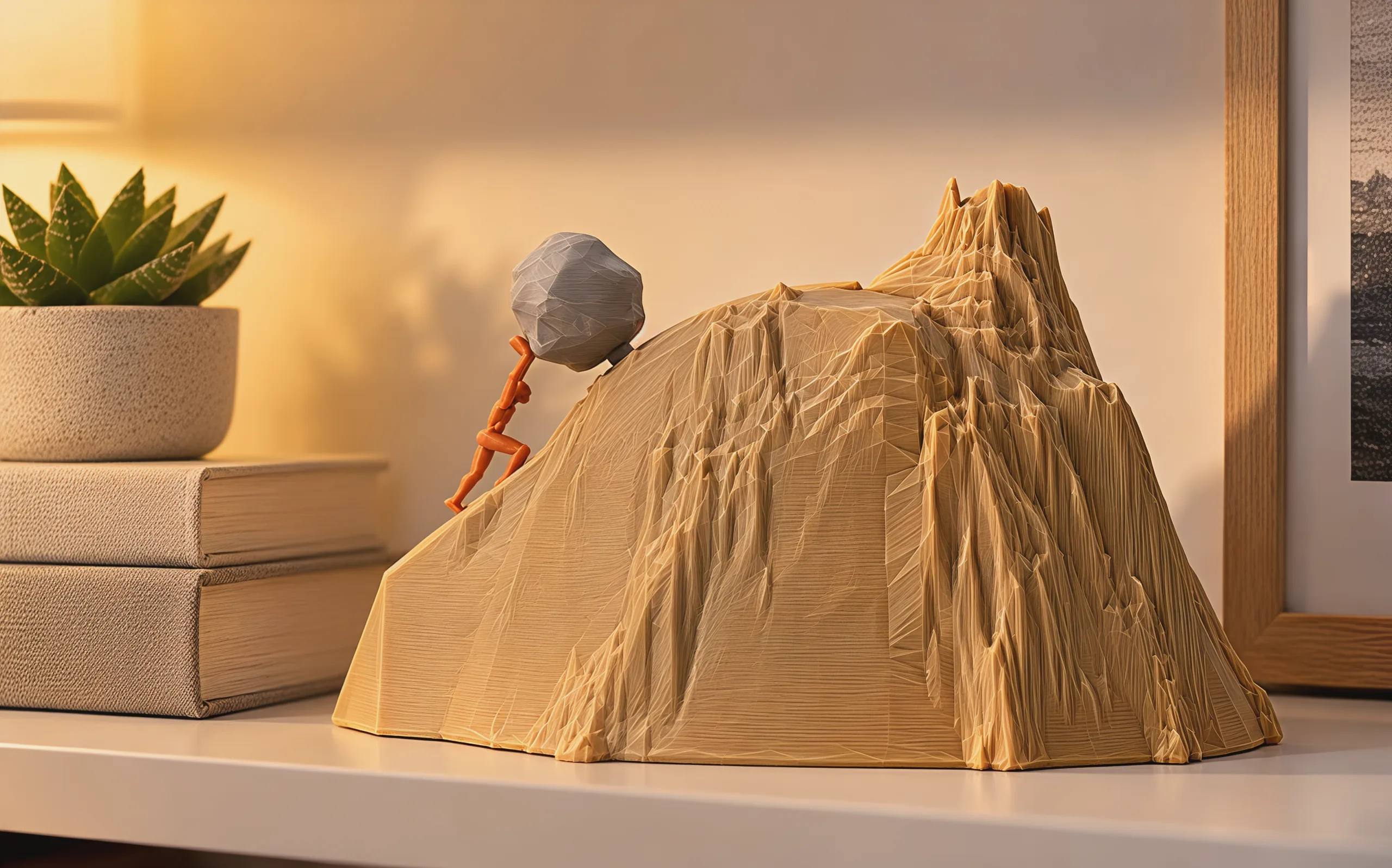 The mountain on a white bookshelf beside a stack of linen-covered books and a small succulent, in warm lamp light