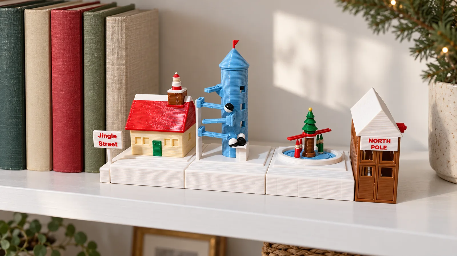 Jingle Street on a white bookshelf next to a row of cloth-bound books, a small potted pine at the end
