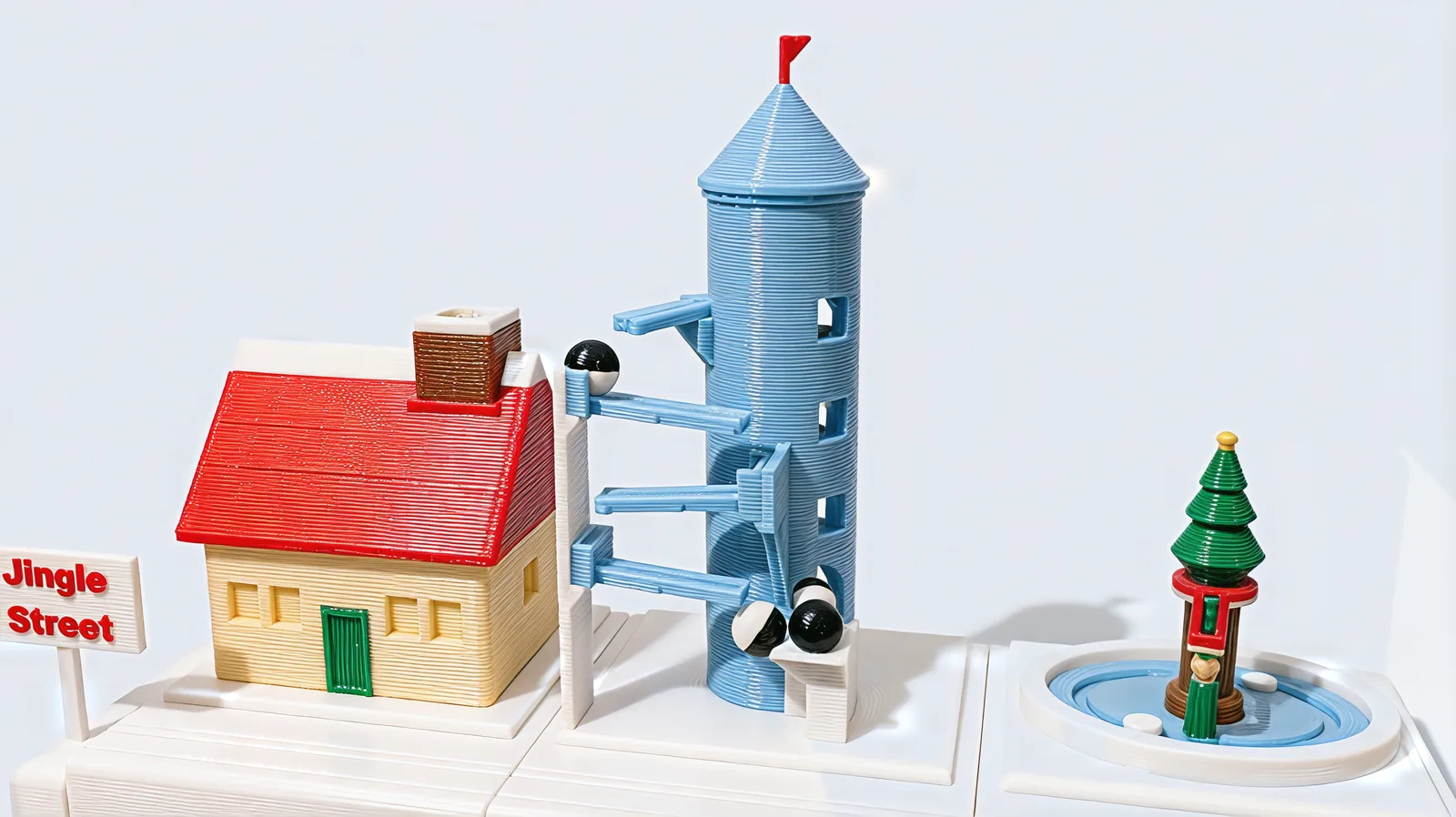 The ice tower with black-and-white penguins on its zig-zag ramps and waiting in the pool at its foot